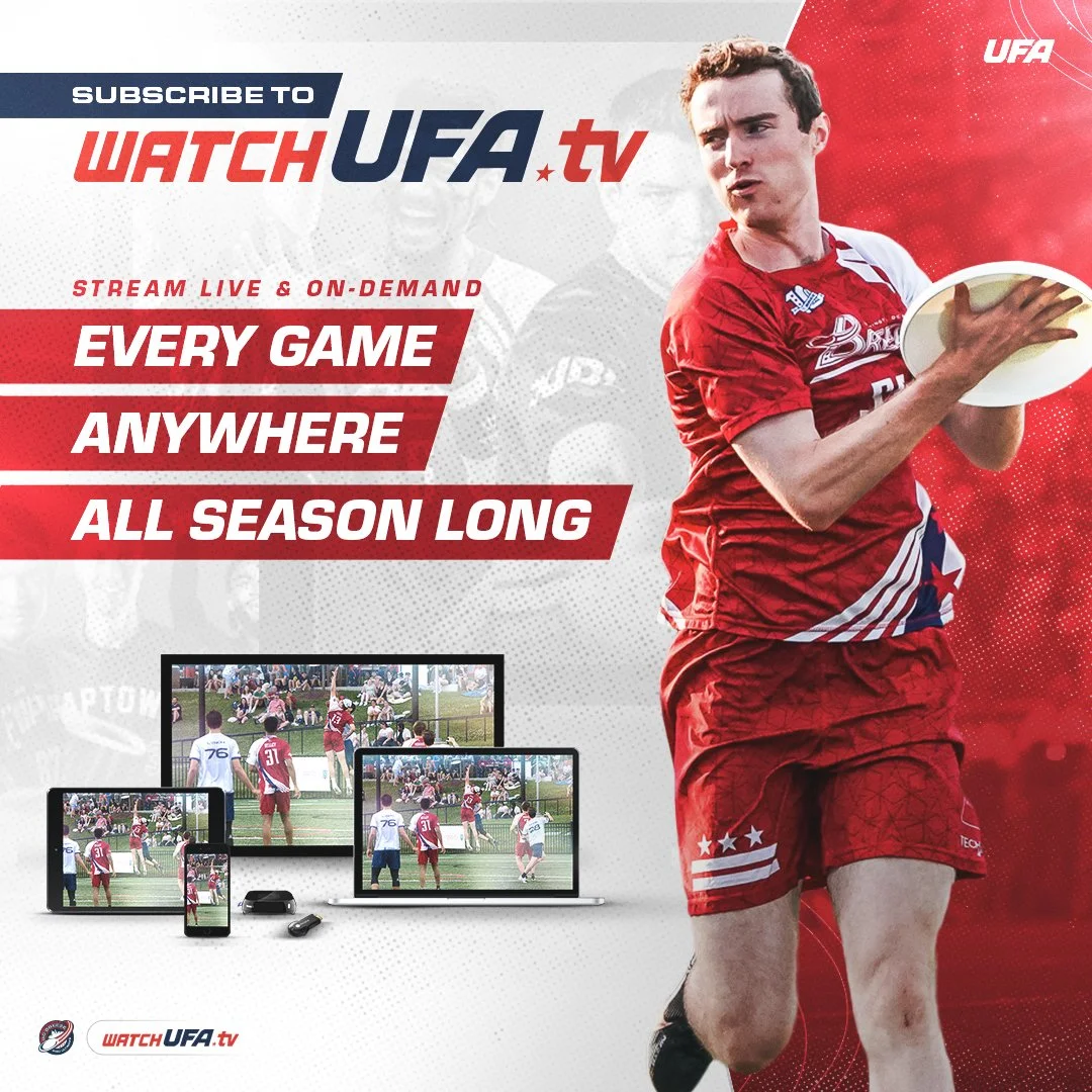 Advertisement for WatchUFA.tv showing a male rugby player in a red uniform holding a rugby ball with text "Subscribe to WatchUFA.tv. Stream live and on-demand. Every game anywhere all season long". The background includes various electronic devices streaming rugby games, and the UFA logo in the top right corner.