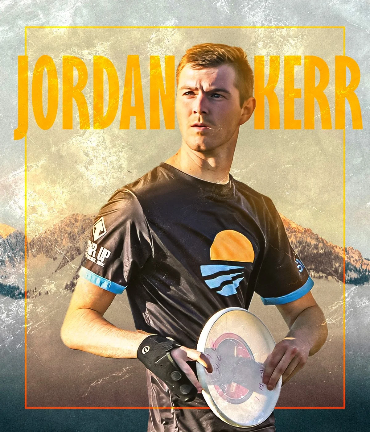 A young male cyclist holding a plate and standing in front of mountains with a textured background; the name 'Jordan Kerr' is displayed prominently in large orange letters at the top.