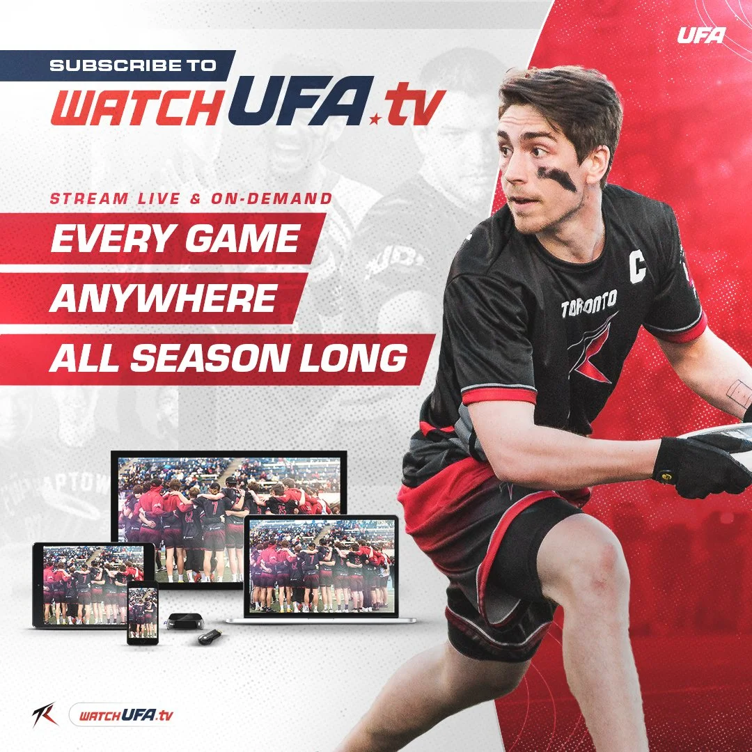 A promotional image for UFA.tv featuring a sports player in black and red jersey with face paint, and a background showing multiple screens and smaller images of teammates, advertising live and on-demand streaming of sports games during the season.