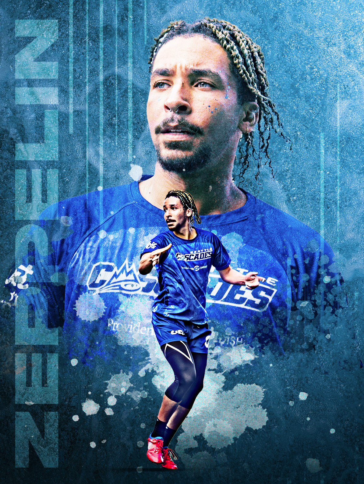 A digitally edited image of a man with a larger, serious face in the background and a smaller, athletic version of himself running in the foreground. He is wearing a blue sports uniform with the words 'Seattle Cascades' on it, and has braided hair and a goatee.