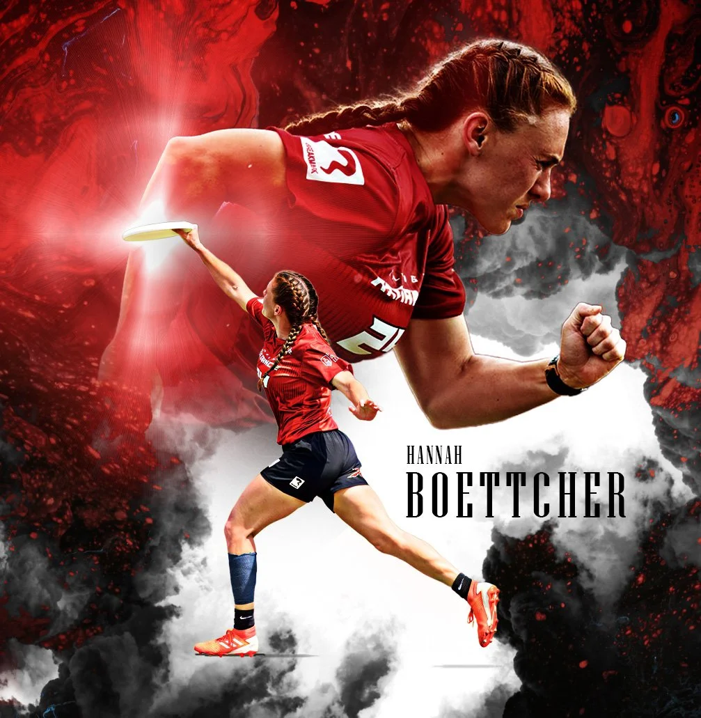 Digital artwork featuring Hannah Boettcher, a female athlete, in action. The image shows two female figures in red sports uniforms, one larger and in a running pose with a clenched fist and the other smaller, holding a frisbee. The background has a smoky, fiery red and black abstract design, highlighting her athleticism and dynamic movement. The text 'Hannah Boettcher' appears on the image.