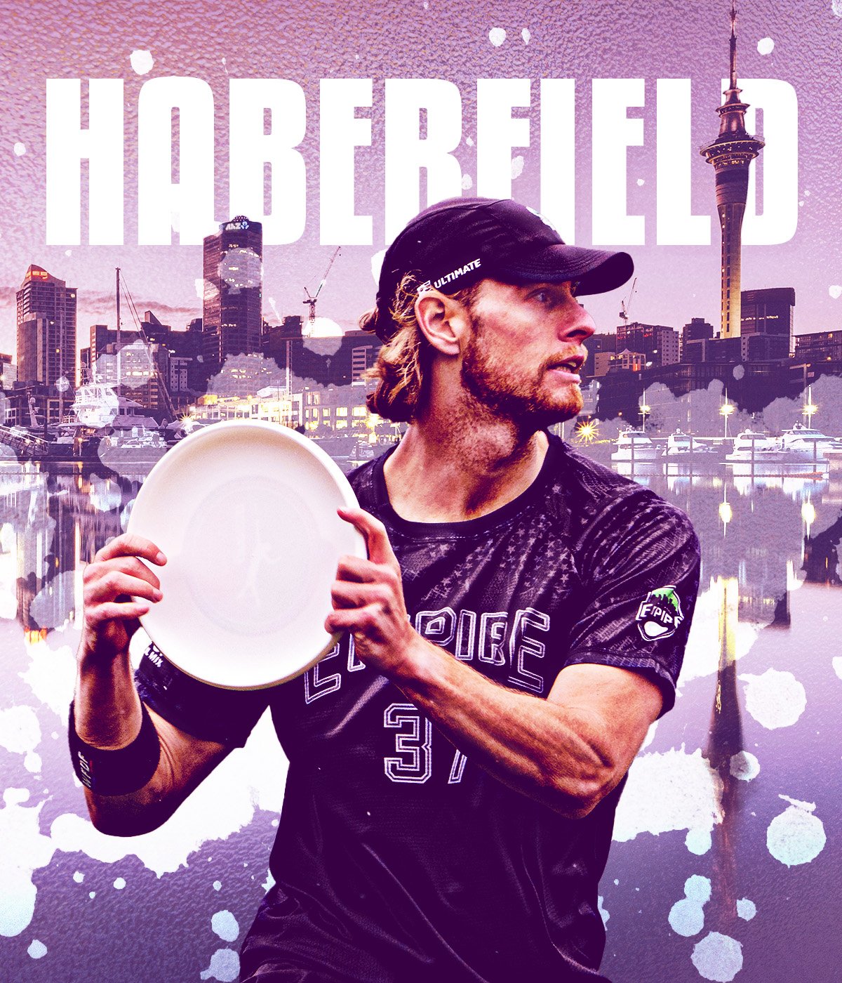 A man wearing a black cap and black sports shirt holding a frisbee, with a city skyline and a marina in the background, and the word "HORSFIELD" in large font at the top.