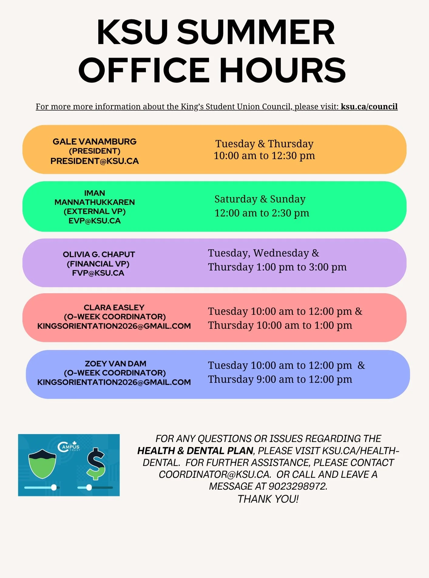 Here's the final updated summer office hours. Please note that Gale is out of office from the 13th-27th of July. Anything urgent can be sent Olivia's way :)