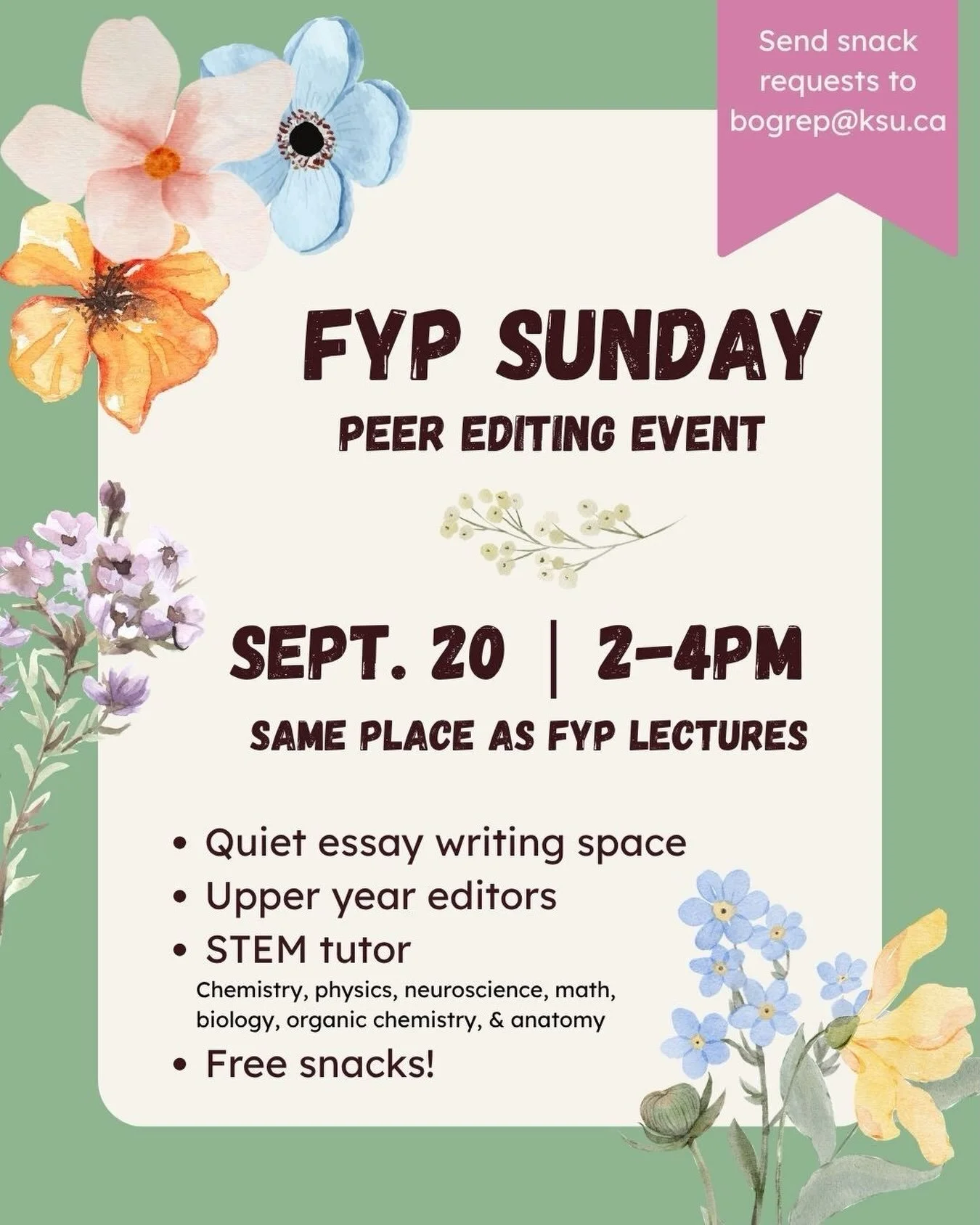 First FYP Sunday of the year! Come have upper years lend a hand with your FYP papers! FYP Science students can also avail the help of a STEM tutor :)

Sept 20, 2-4pm, same place as FYP lectures. Free snacks!