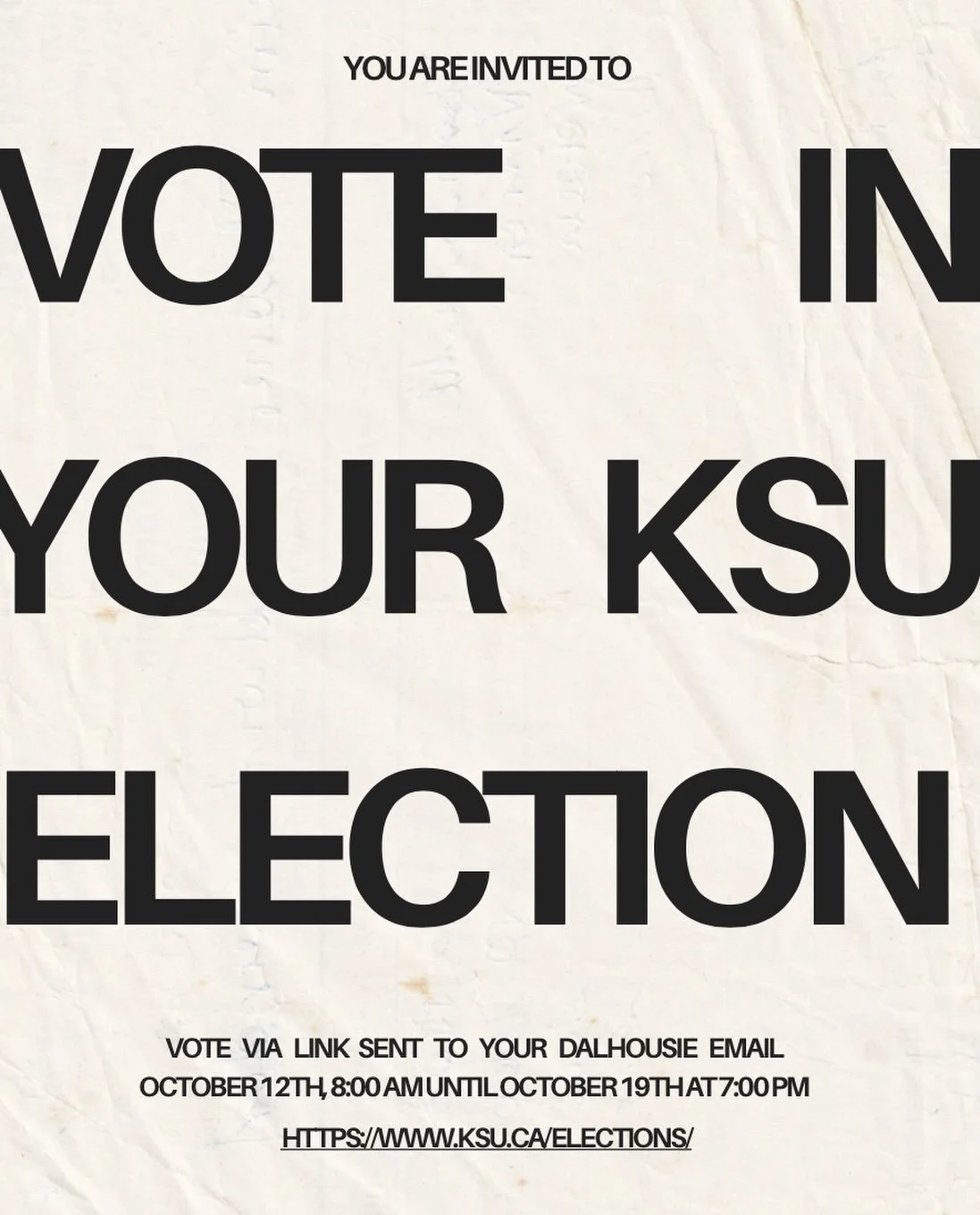 Vote in the KSU election!! Vote via the link sent to your student email. Voting is open until Oct 19 until 7pm.