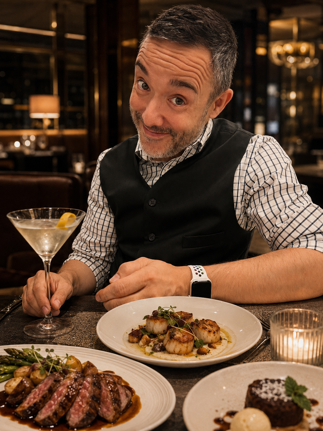 A man with short dark hair and a beard sitting at a restaurant table with a smile, holding a martini glass with lemon twist, surrounded by plates of gourmet food including seared scallops, steak, and chocolate dessert.
