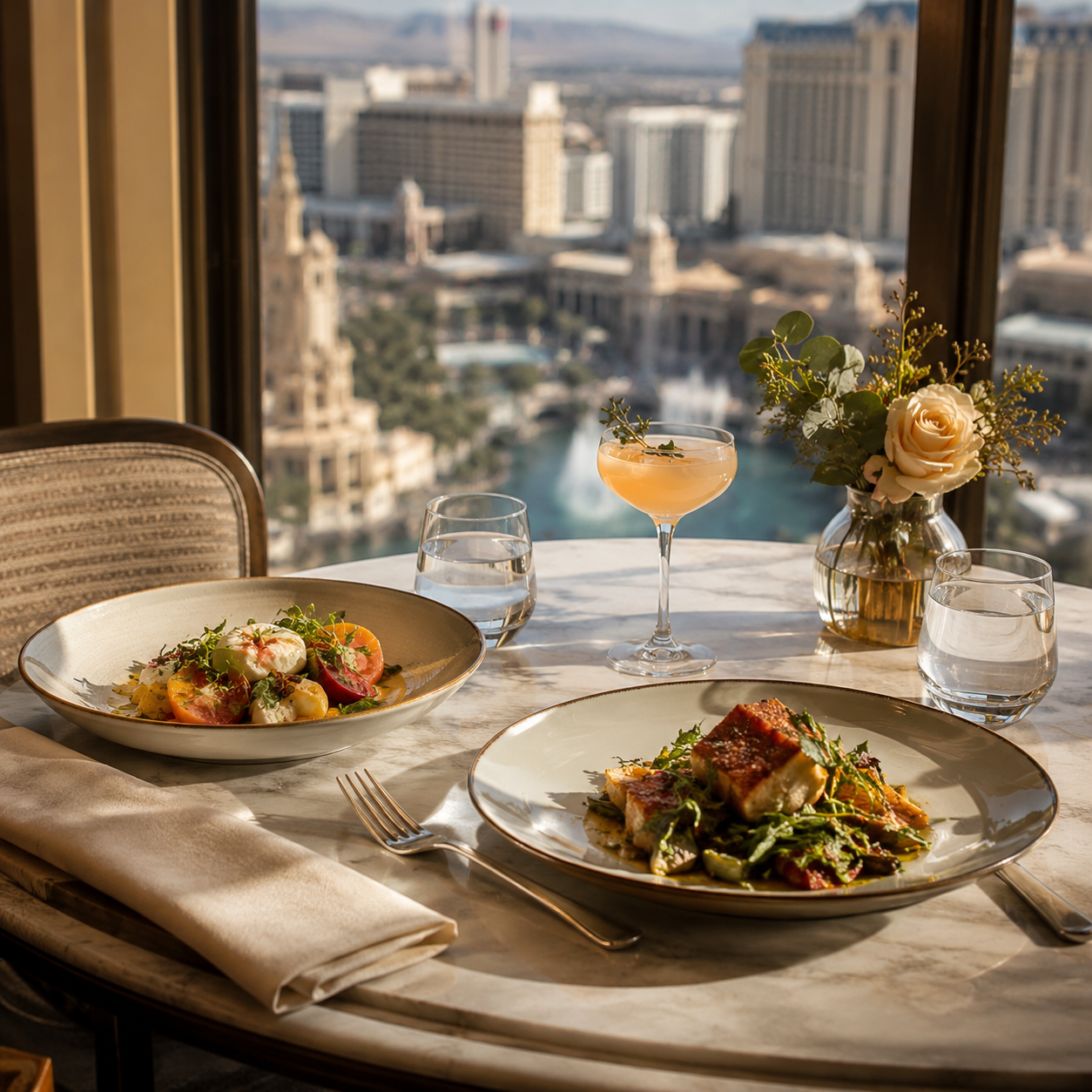Elegant dining table with two dishes, drinks, and a flower arrangement with a cityscape view in the background.
