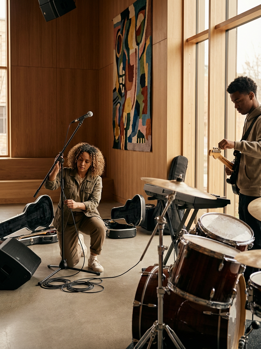 A woman kneeling on the floor holding a microphone stand, with a man playing electric guitar nearby. Musical instruments including a drum set, keyboard, and guitar cases are visible in a room with wooden walls and large windows.