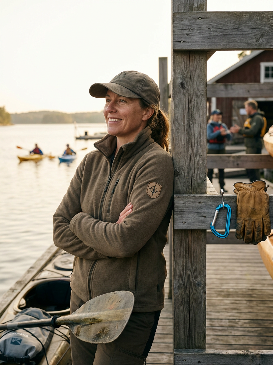 Woman in outdoor gear standing on a dock, smiling, with a paddle and kayak nearby, and people kayaking in the water in the background.