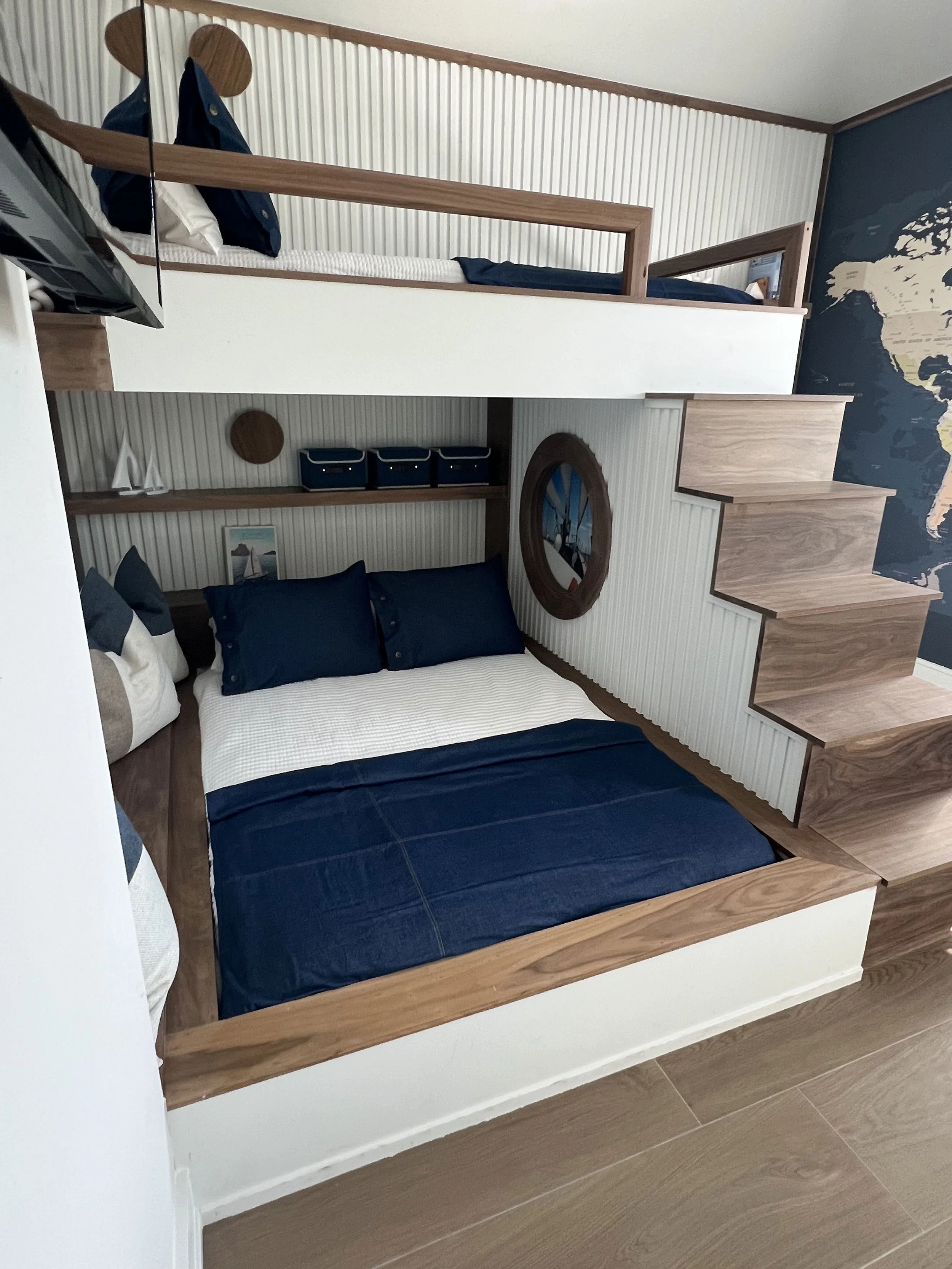 Custom bunk beds with wood stairs and rope railing — Project 08.