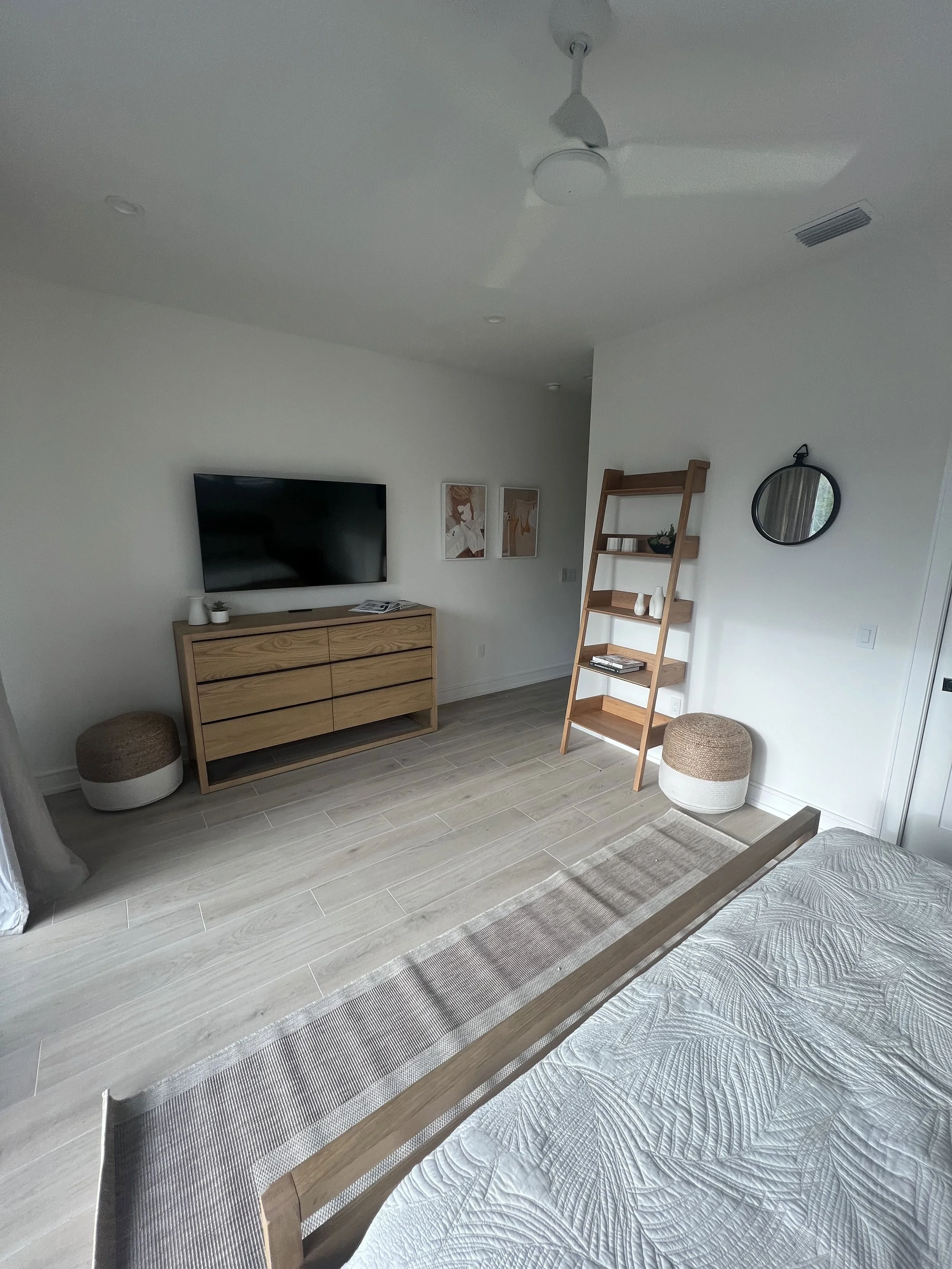 Bedroom media cabinet and open wood shelving — Project 02.