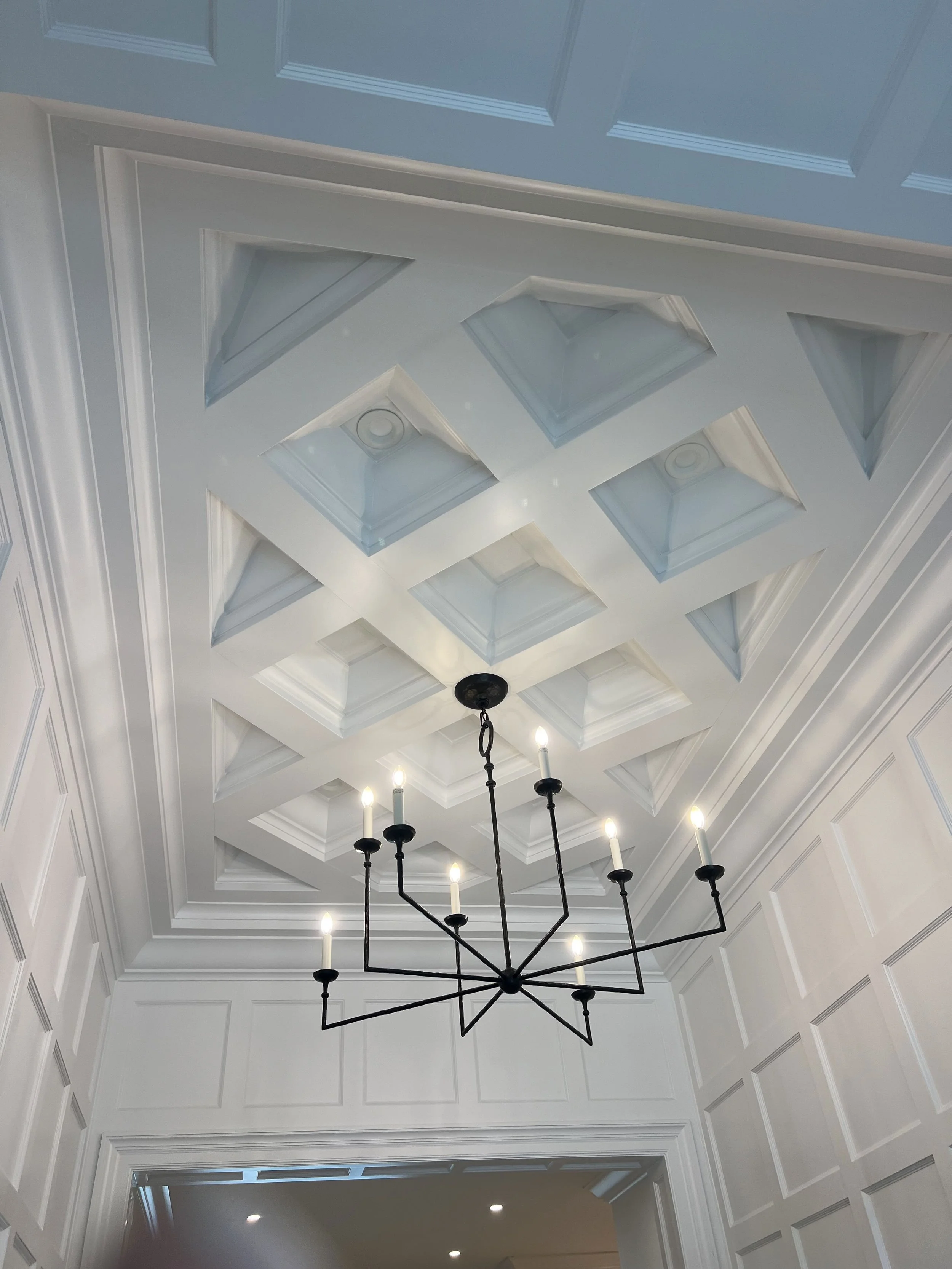 Decorative geometric ceiling and paneled entry walls — Project 06.