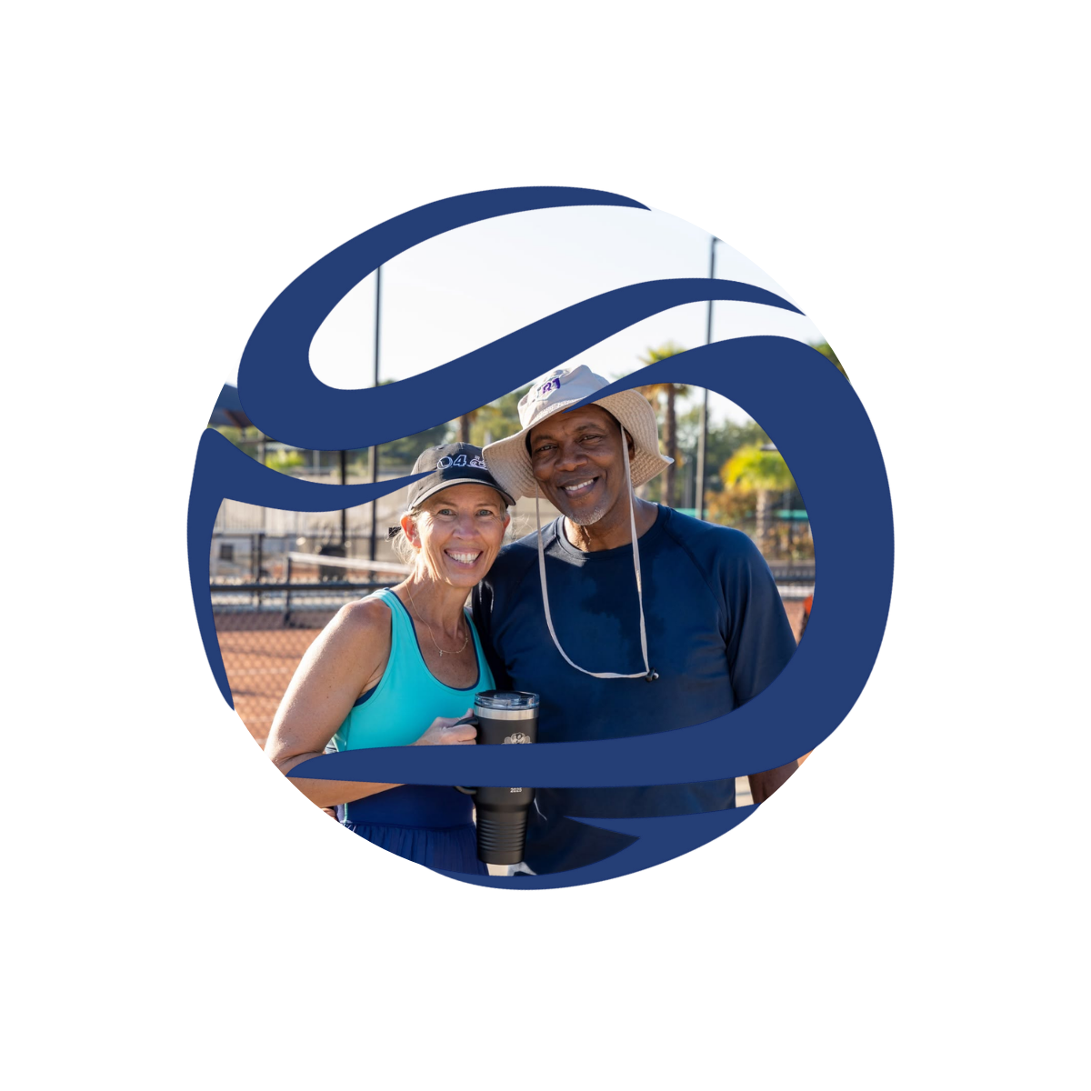 Smiling man and woman standing outdoors on a tennis court, both wearing athletic clothing and hats, with one holding a drink, framed within a stylized, blue letter 'G' overlay.
