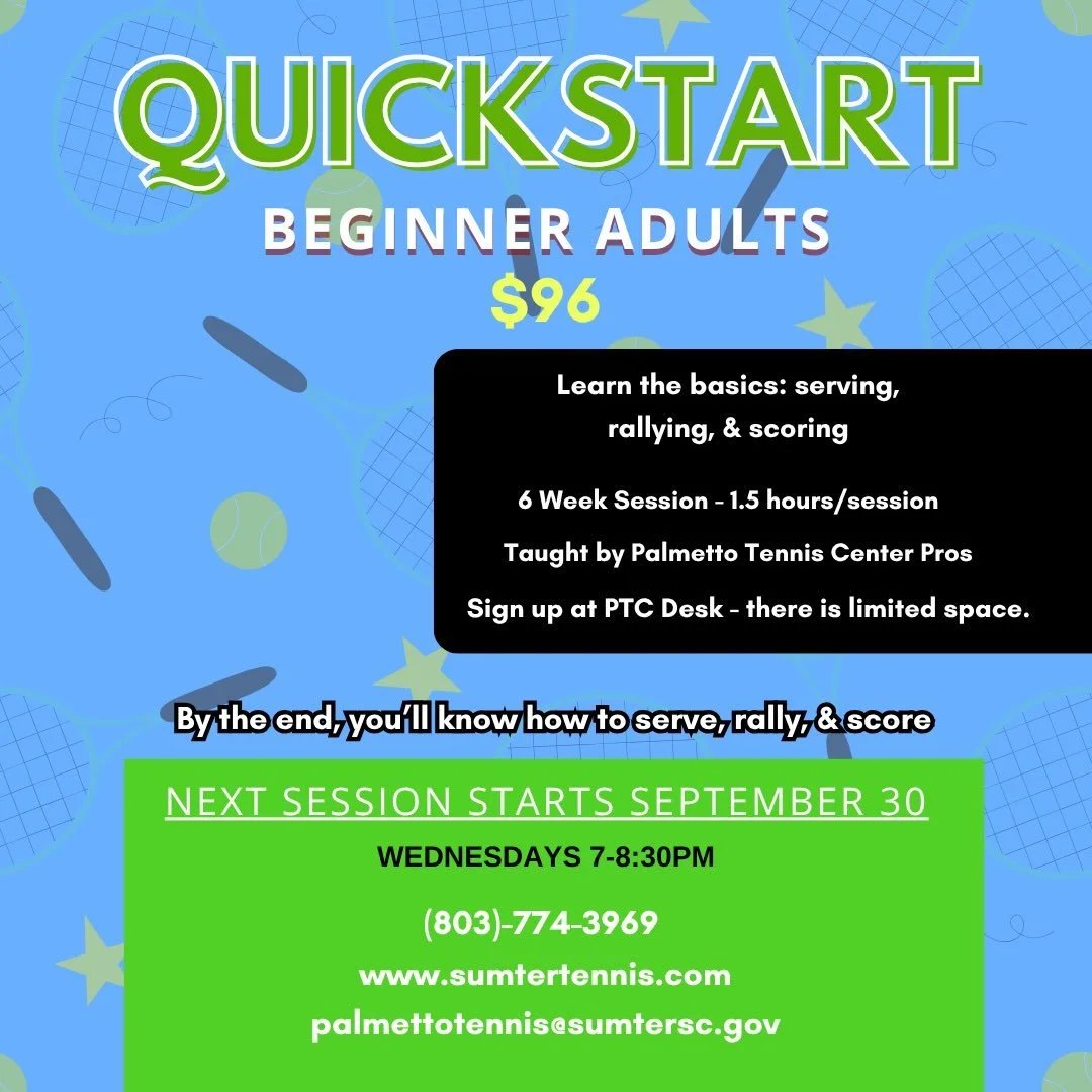 🚨NEXT QUICKSTART IS THIS UPCOMING WEDNESDAY🚨 Limited spots available, sign up by calling or visiting the front desk!

#beginnertennis #tennis #sumtersc