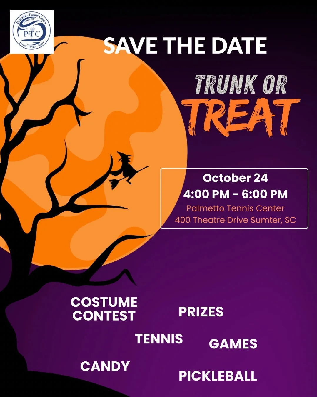 ITS SPOOKY SEASON👻😈

PTC is hosting a TRUNK OR TREAT on OCTOBER 24 from 4-6pm! Anyone can come and join the fun. If you wish to decorate a trunk, please visit the sign up form in our bio.

#trunkortreat #spookyseason #halloween #sumtersc #palmettot