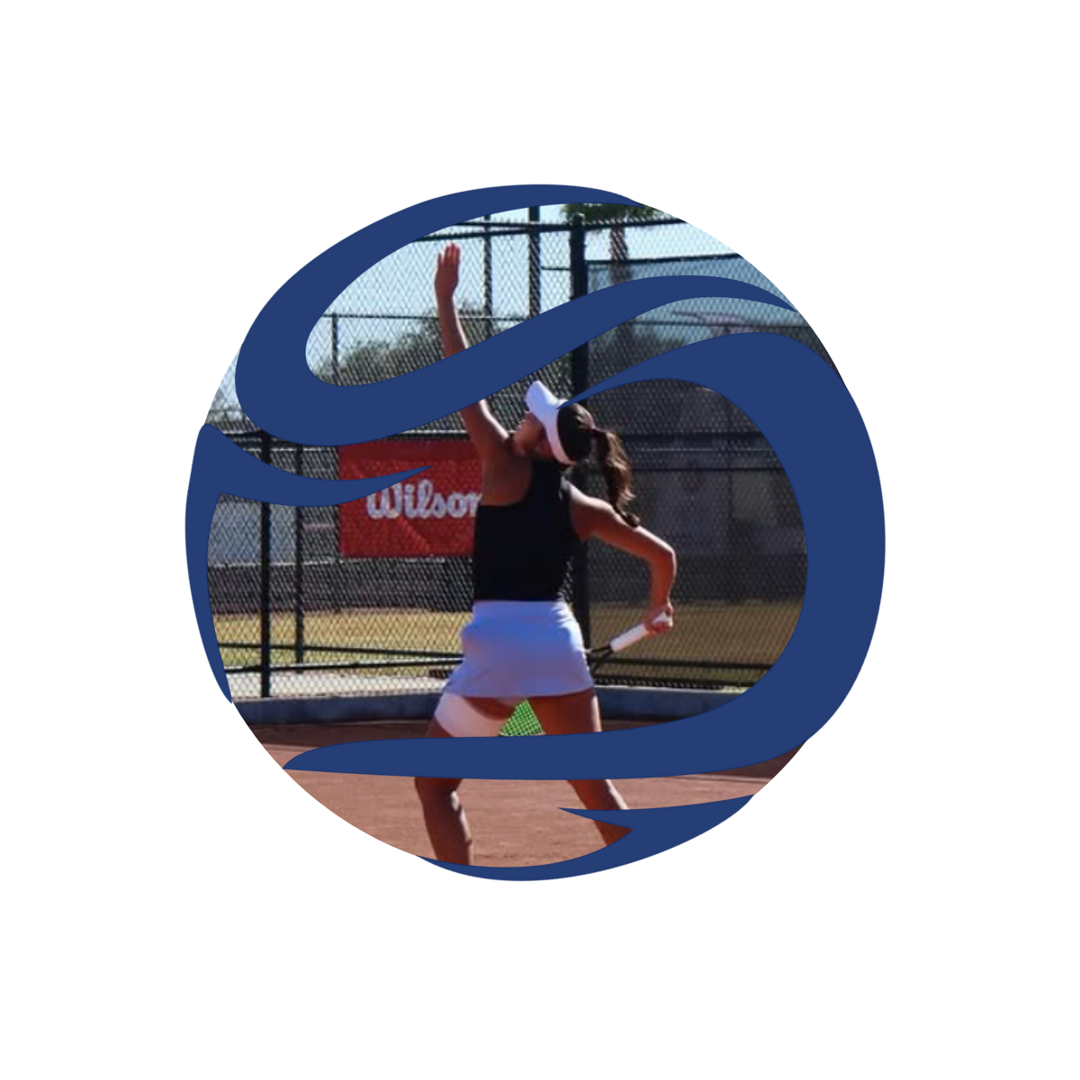 A female tennis player on a clay court, preparing to hit a serve, with a tennis court fence and a Wilson sign in the background, partially obscured by a blue graphic element.