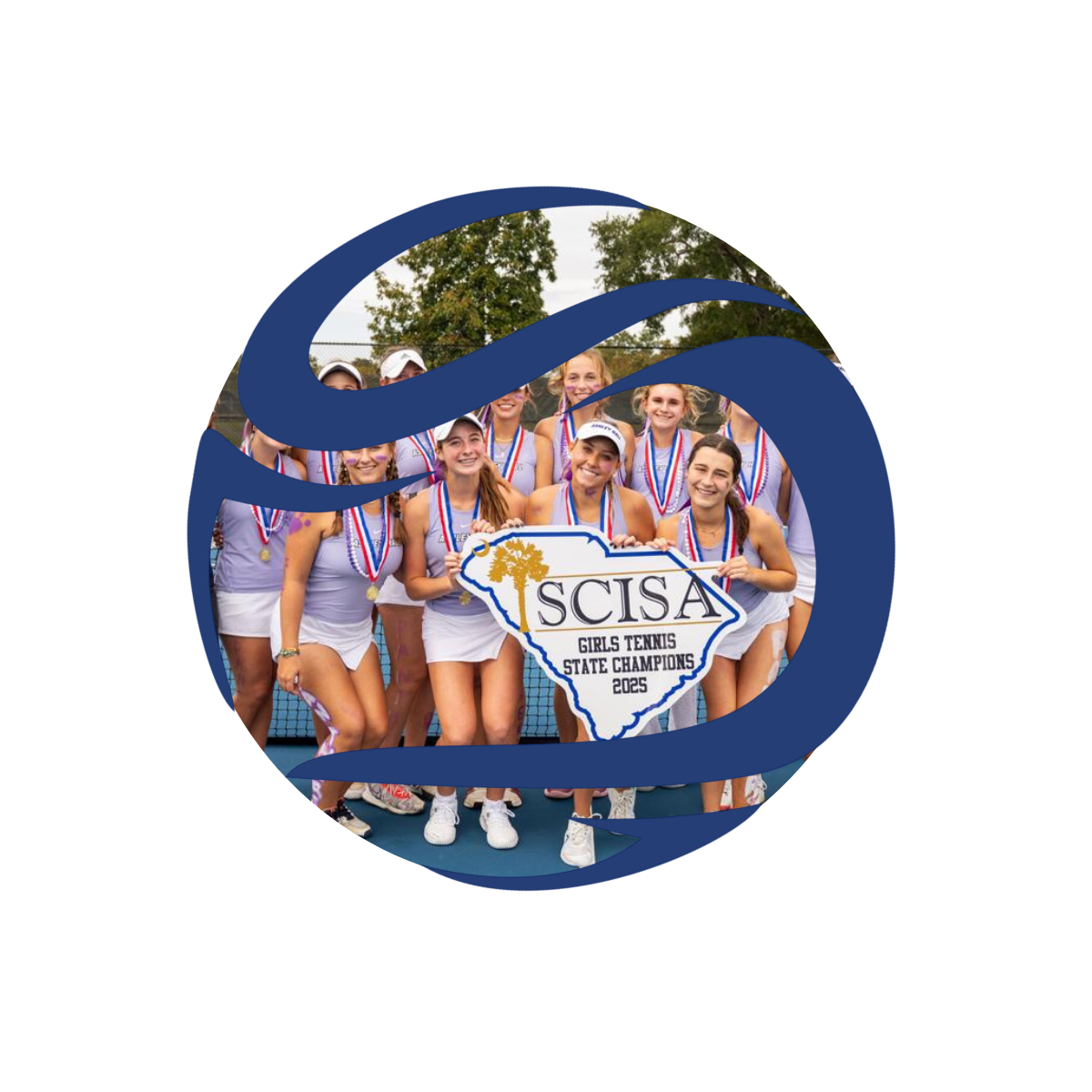 A group of young girls wearing tennis uniforms and medals, holding a sign that reads 'SCISA Girls Tennis State Champions 2025', with a logo overlaying the image.