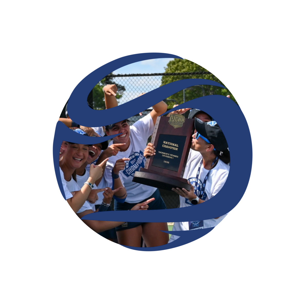 A group of young women celebrating on a tennis court, holding a trophy that reads 'National Champion Women's Tennis Division I 2026' with a large 'NJCAA' logo overlay.
