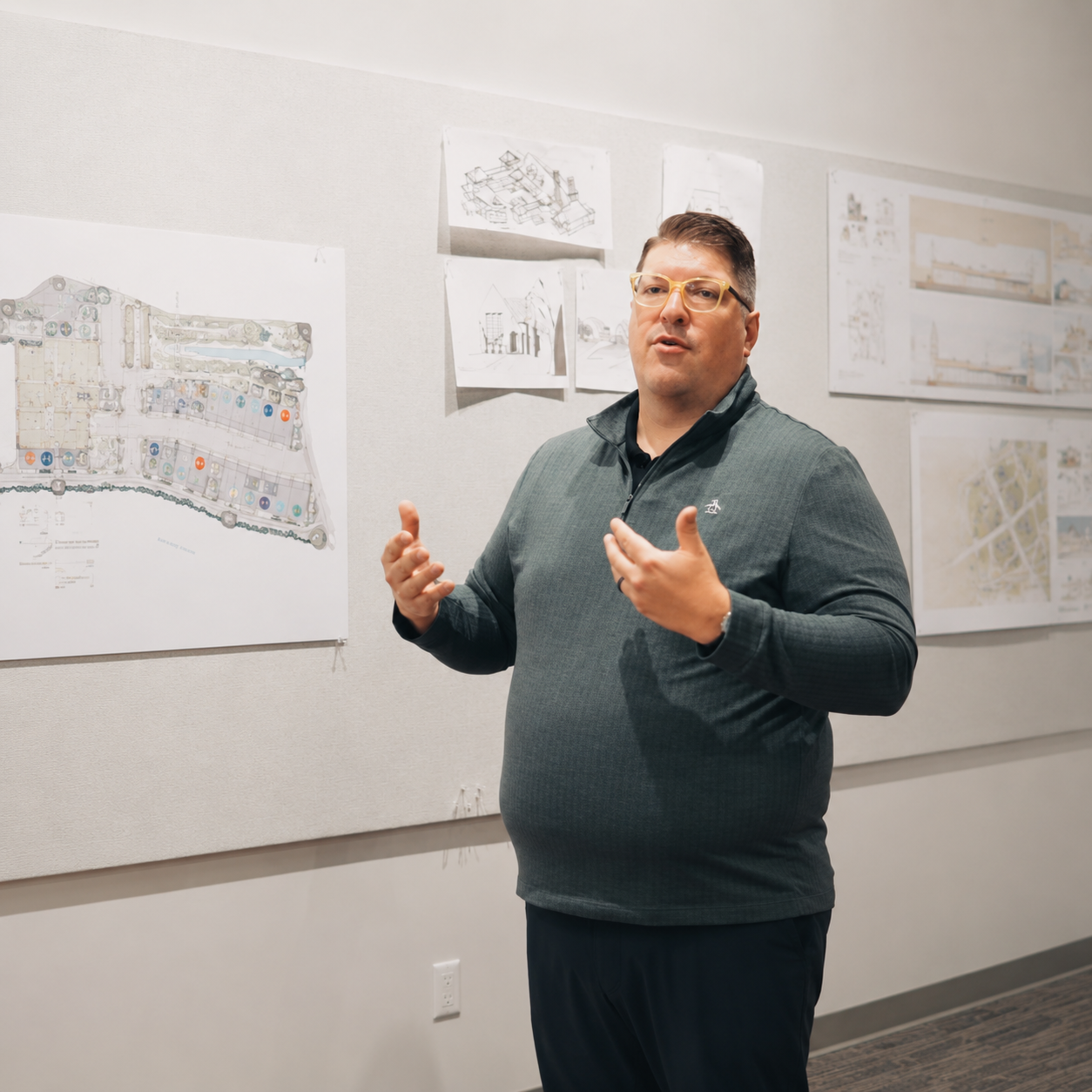 A man in glasses and a dark gray quarter-zip sweater is speaking and gesturing with his hands in front of a wall with architectural blueprints and plans.
