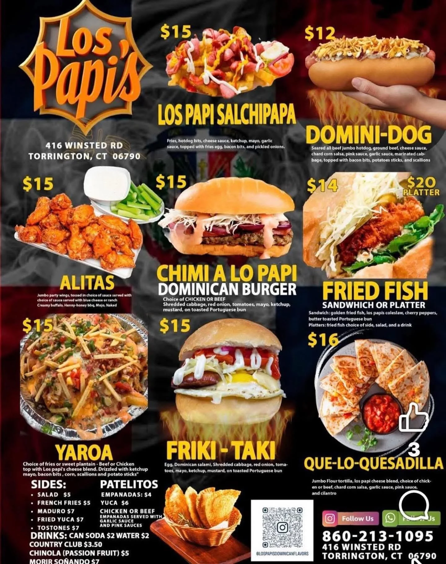 A menu from Los Papi's restaurant featuring various foods including Los Papi Salchipapa, Domino-Dog, Alitas, Chimichurri Papi burger, Fried Fish sandwich, Yaroa, Eriki-Taki, and Que-Lo-Quesadilla.