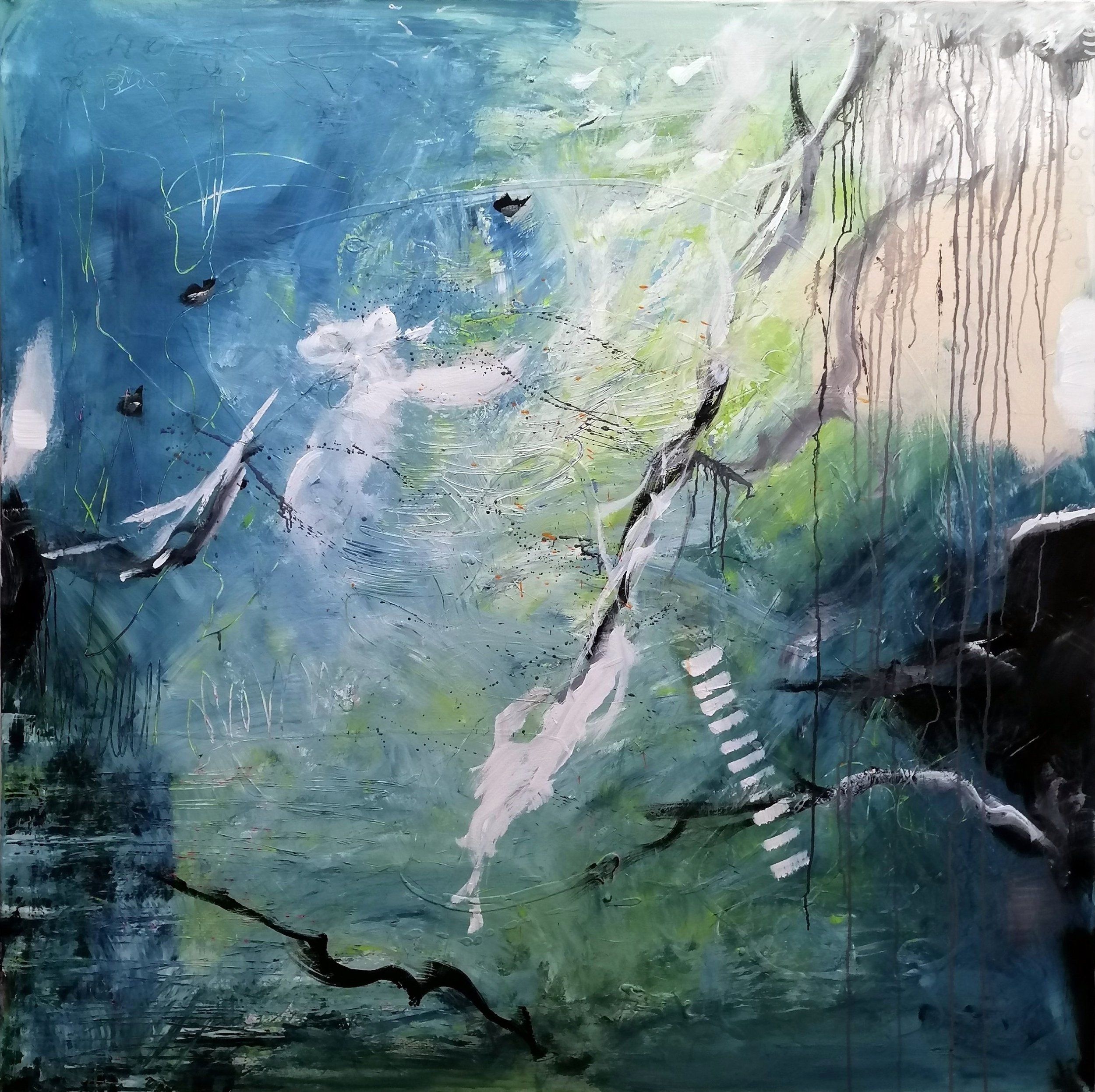 Fühlst du die Vögel im Wind vorüberziehen? (2022), 150 cm x 150 cm, Acryl mit Pinsel und Spachtel