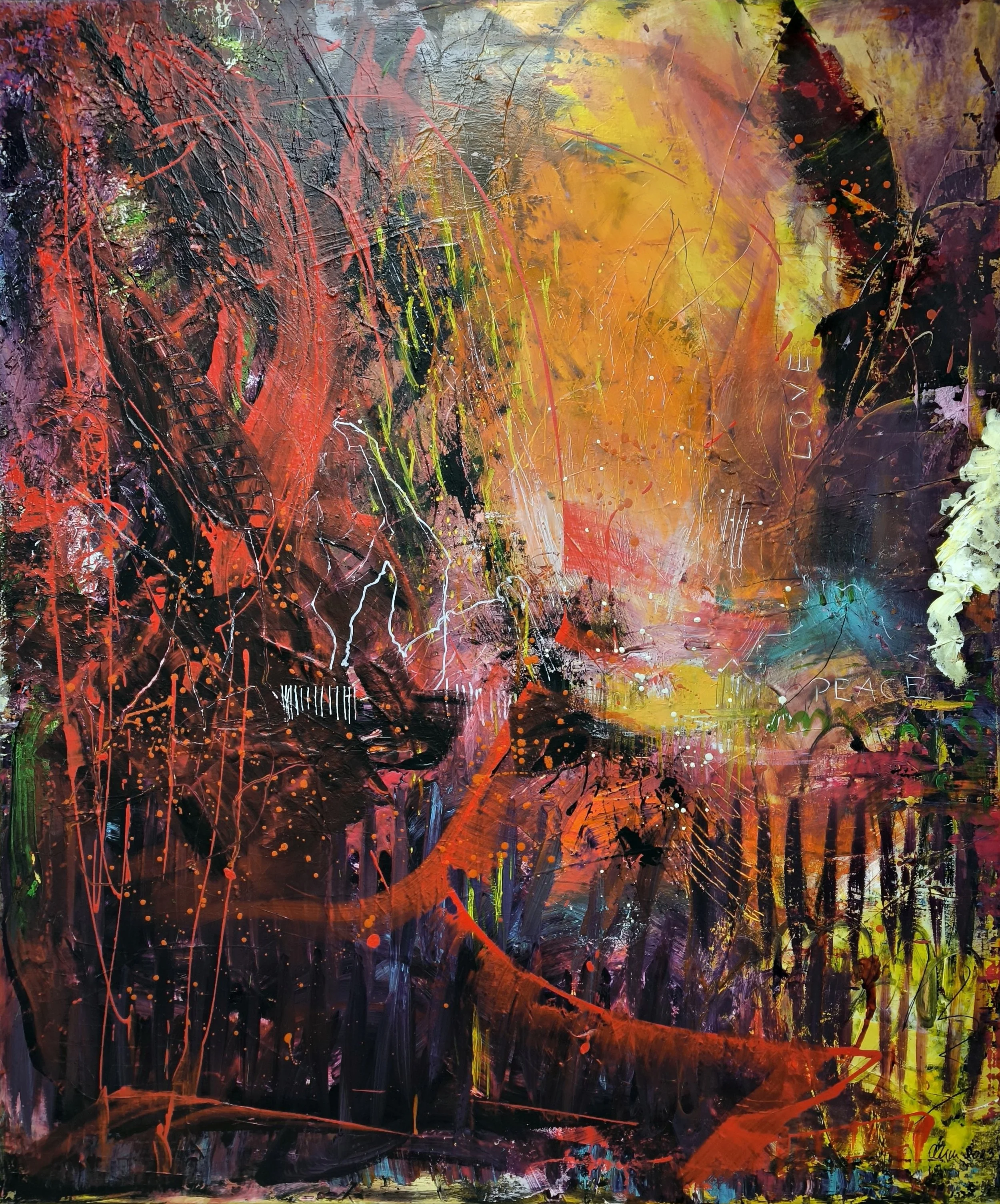 Love & Peace - im Sturm (2023), 100 cm x 120 cm, Acryl mit Pinsel und Spachtel