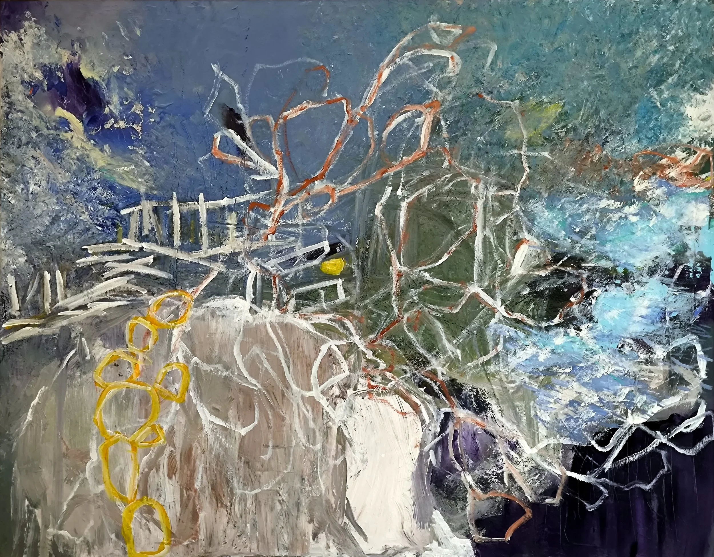 Dynamische Verflechtung (2026), 150 cm x 120 cm, Acryl mit Pinsel und Spachtel