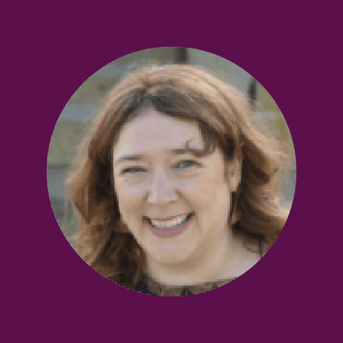 Portrait of a woman with curly brown hair smiling outdoors, with a purple circular background in a professional photo.