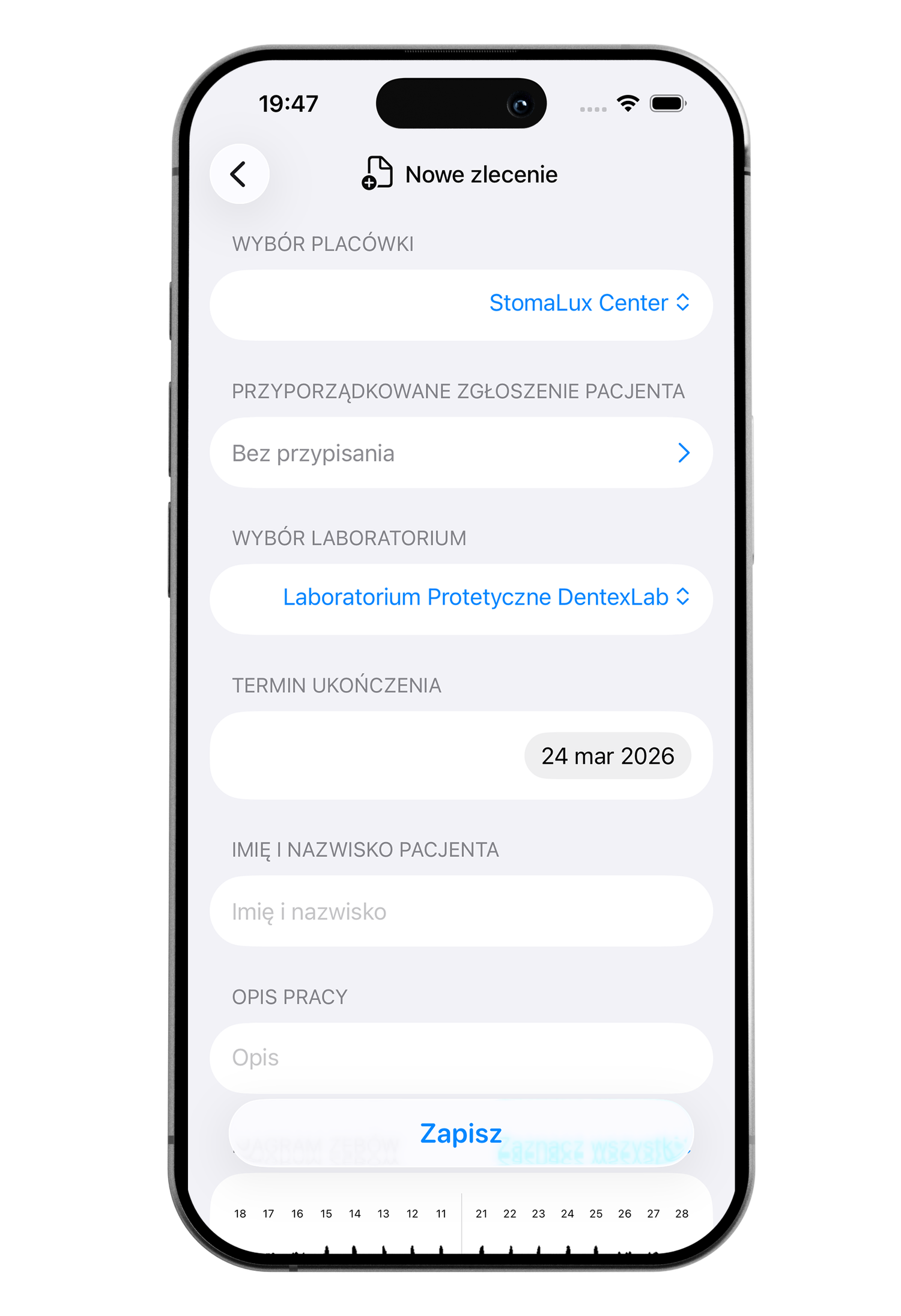 Mobile phone screen showing a medical appointment scheduling app in Polish, with options for selecting the clinic, laboratory, appointment date, patient name, employment description, and a save button.