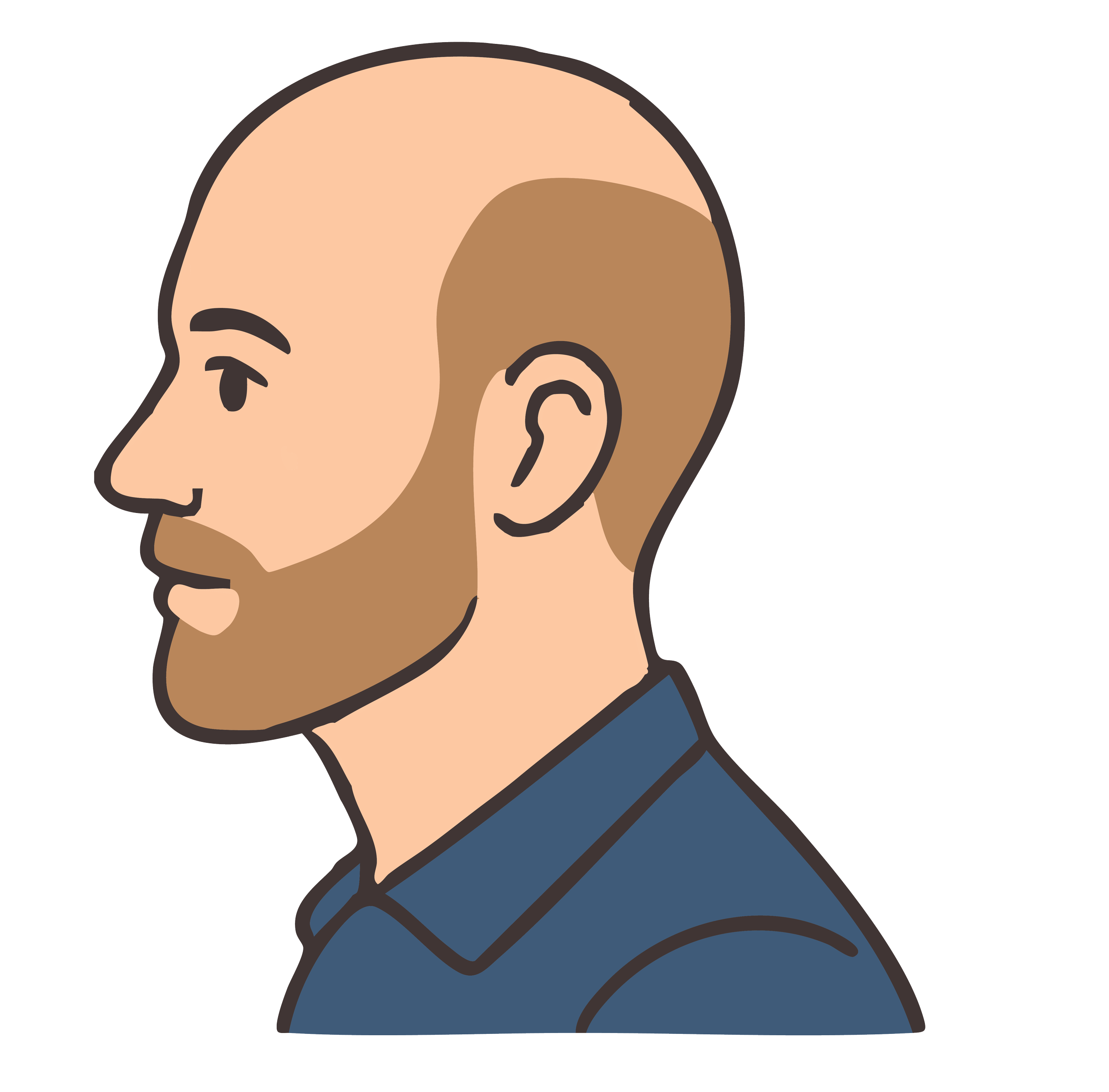 Side profile of a cartoon man with brown skin, short brown hair, wearing a dark blue shirt, smiling