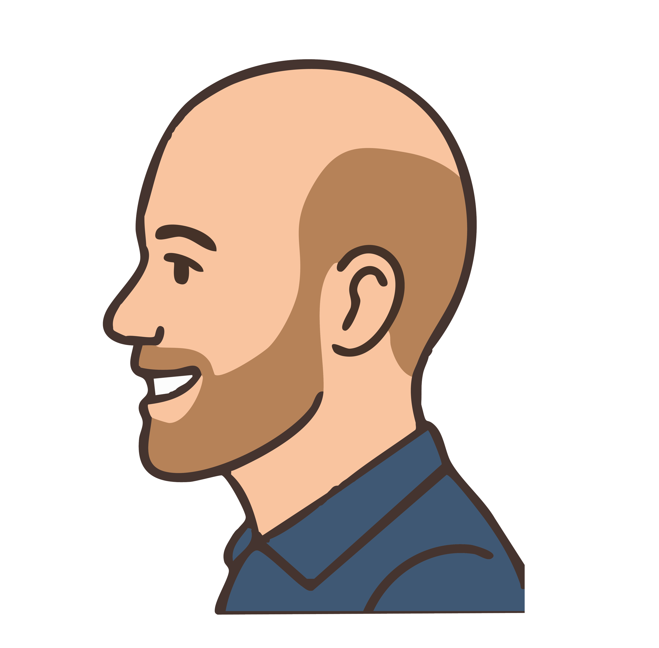 Digital illustration of a man with short hair, beard, wearing a blue hoodie, viewed in profile.