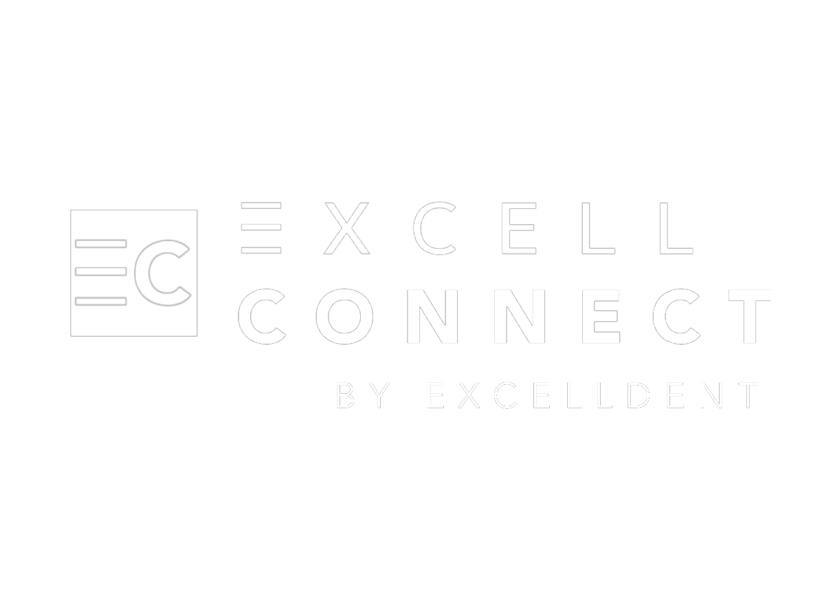 Logo for Excel Connect by Excelldent, featuring a stylized 'C' inside a dotted square, with 'Excel Connect' written in bold white text and 'by Excelldent' below in smaller white text, all on a black background.