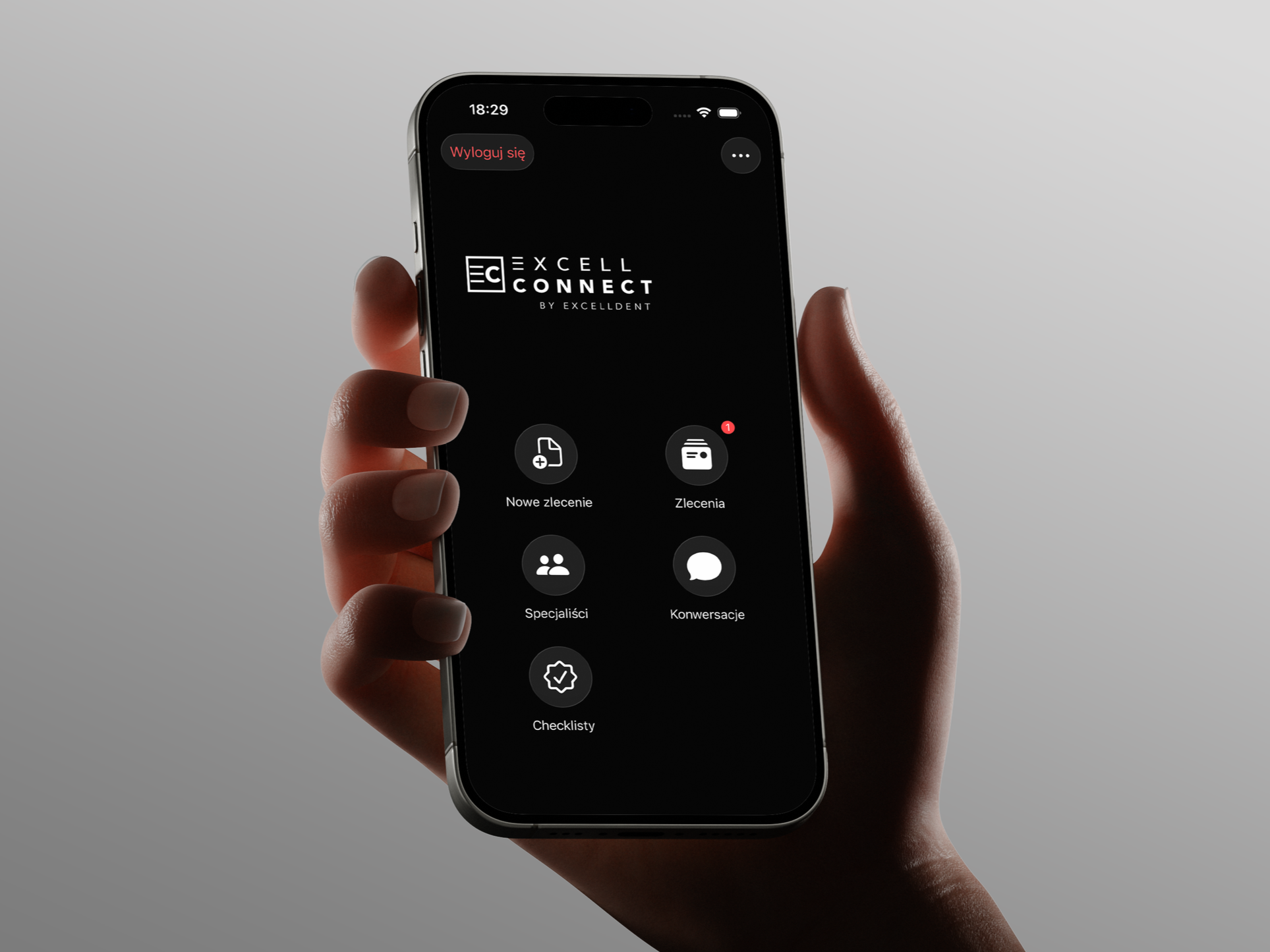 A person holding a smartphone displaying the Excel Connect app by Excelligdent on the screen, with a grey background.
