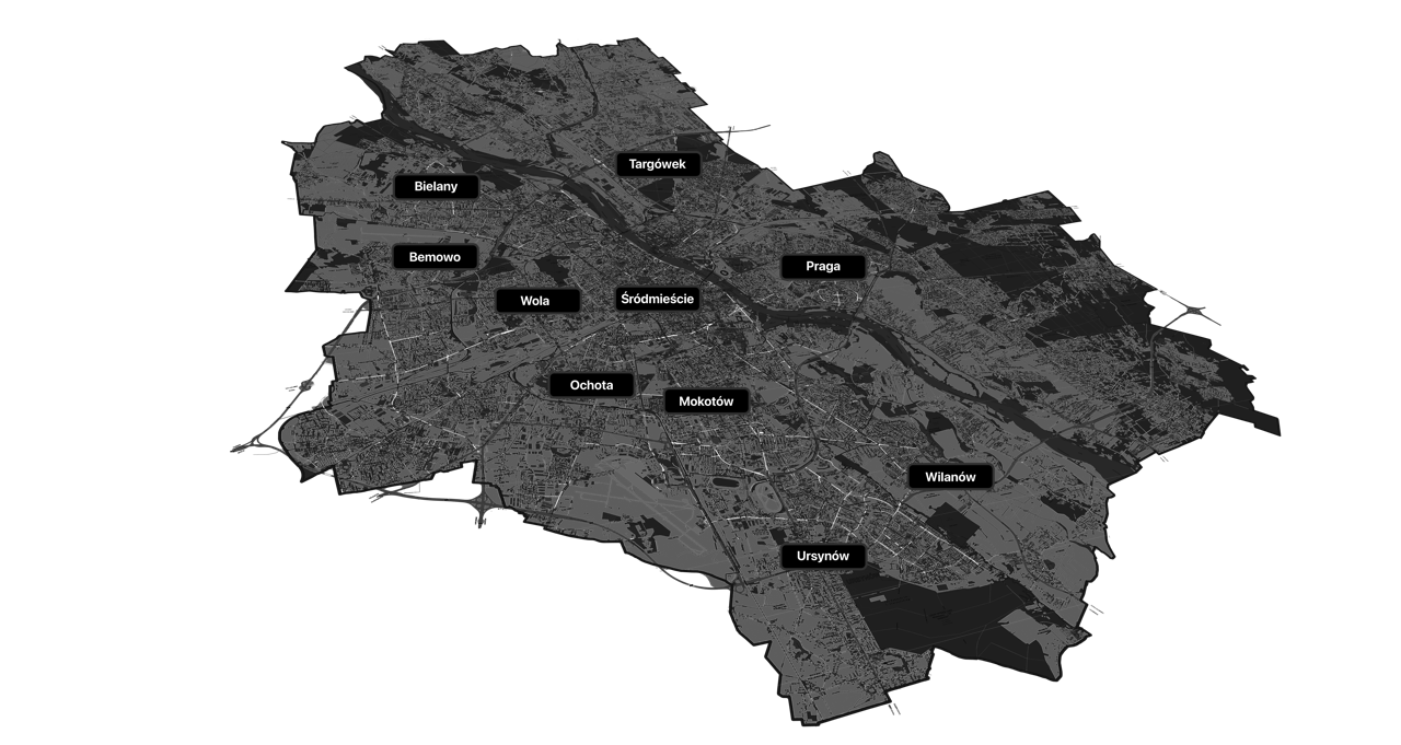 Map of a city with district labels, including Bielany, Bemowo, Wola, Śródmieście, Ochota, Mokotów, Wilanów, Ursynów, and Targówek, in shades of gray and black.