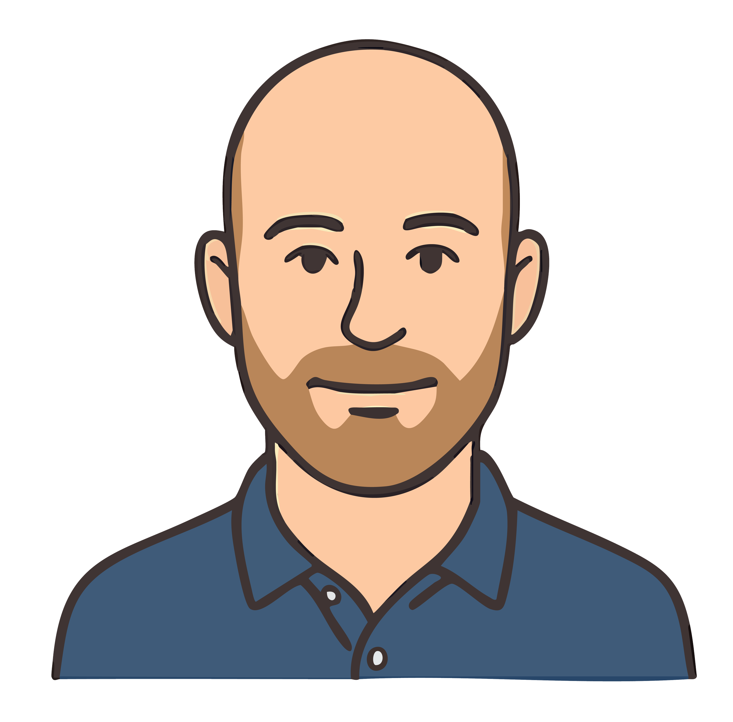 Cartoon portrait of a man with a shaved head, light skin, wearing a dark blue shirt.
