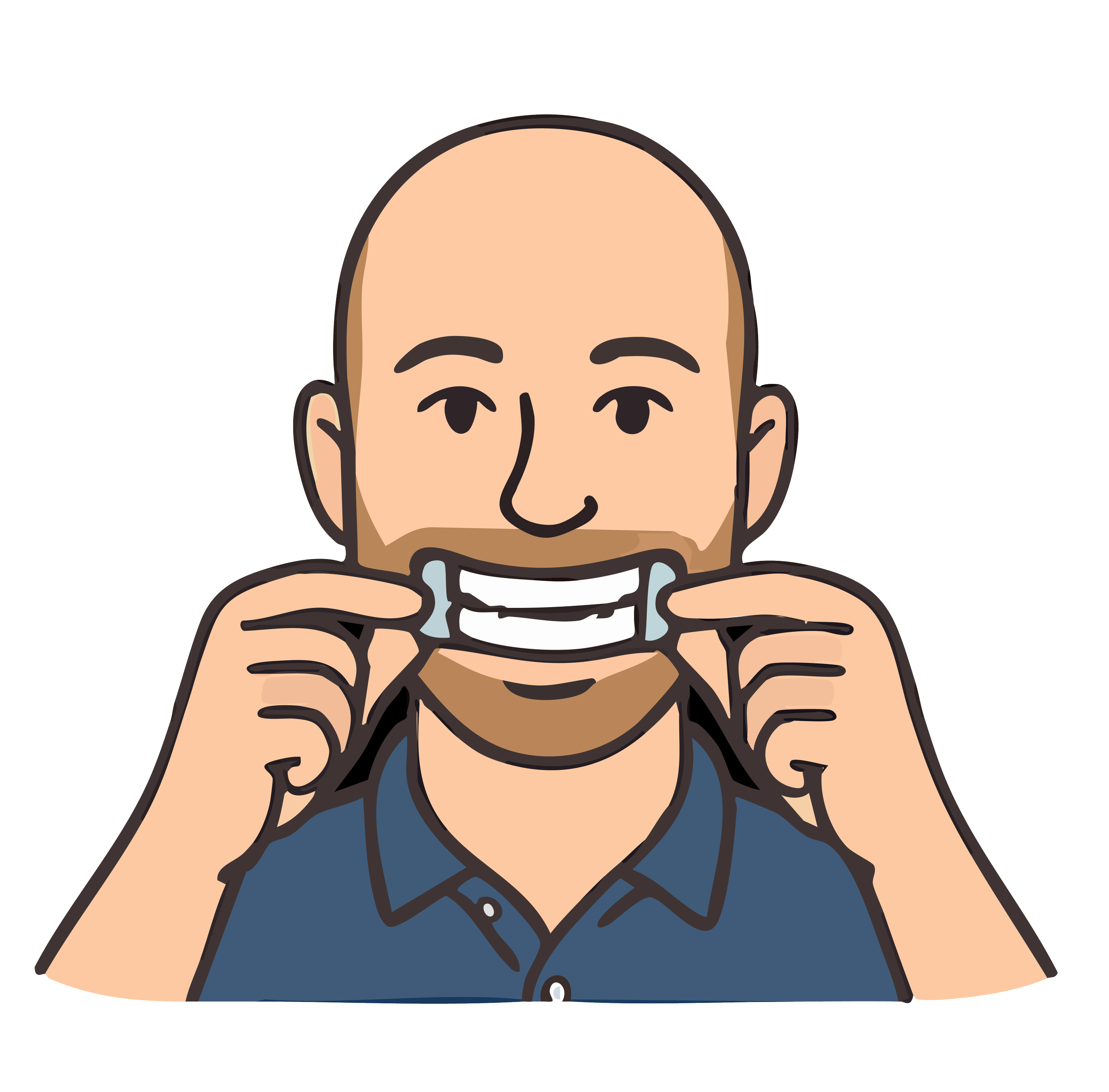 A cartoon-style illustration of a bald man with a beard, wearing a dark blue sleeveless vest, holding two dumbbells, smiling.