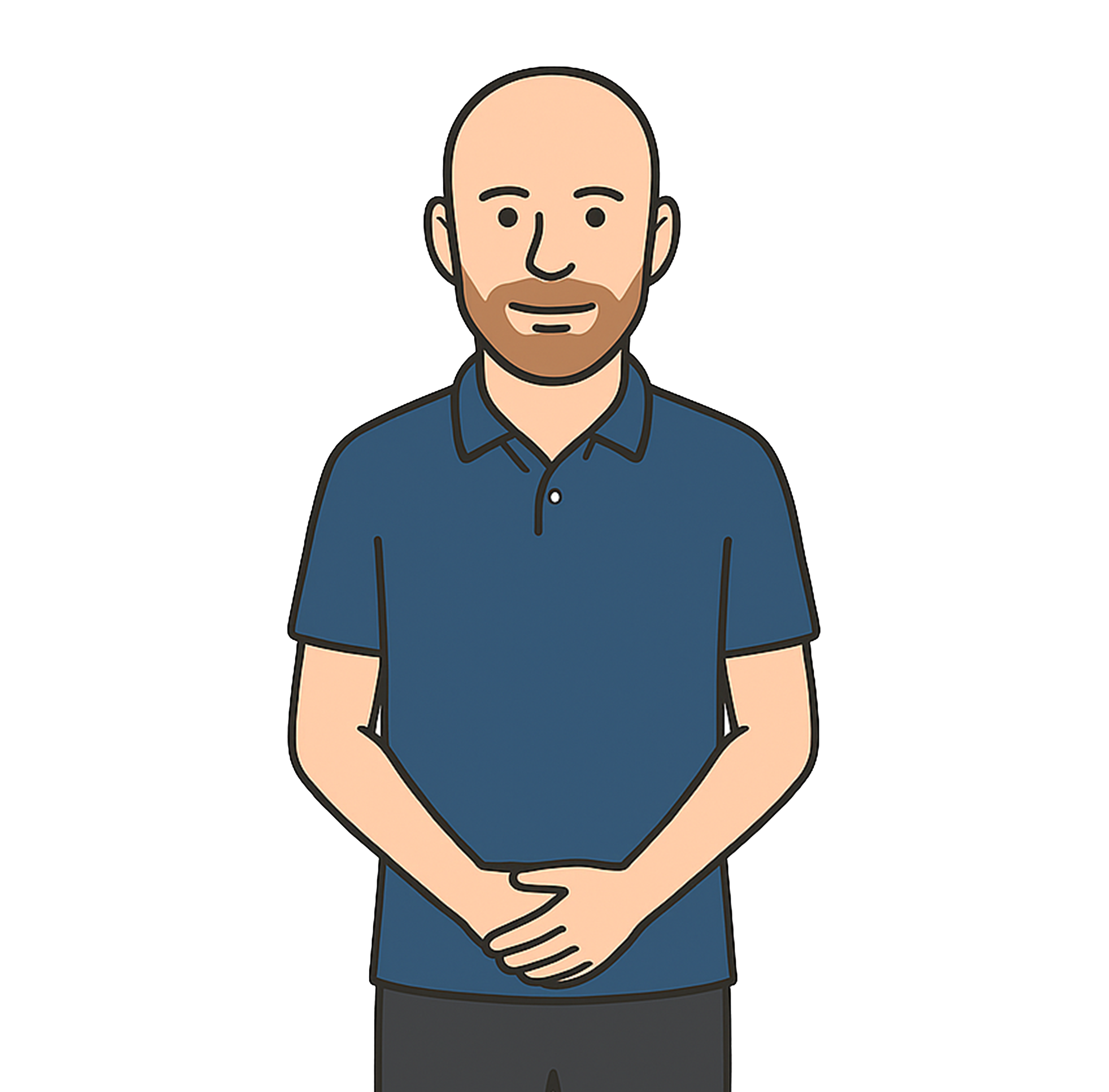 Cartoon of a bald man with a beard wearing a navy blue shirt, shaking hands and smiling.