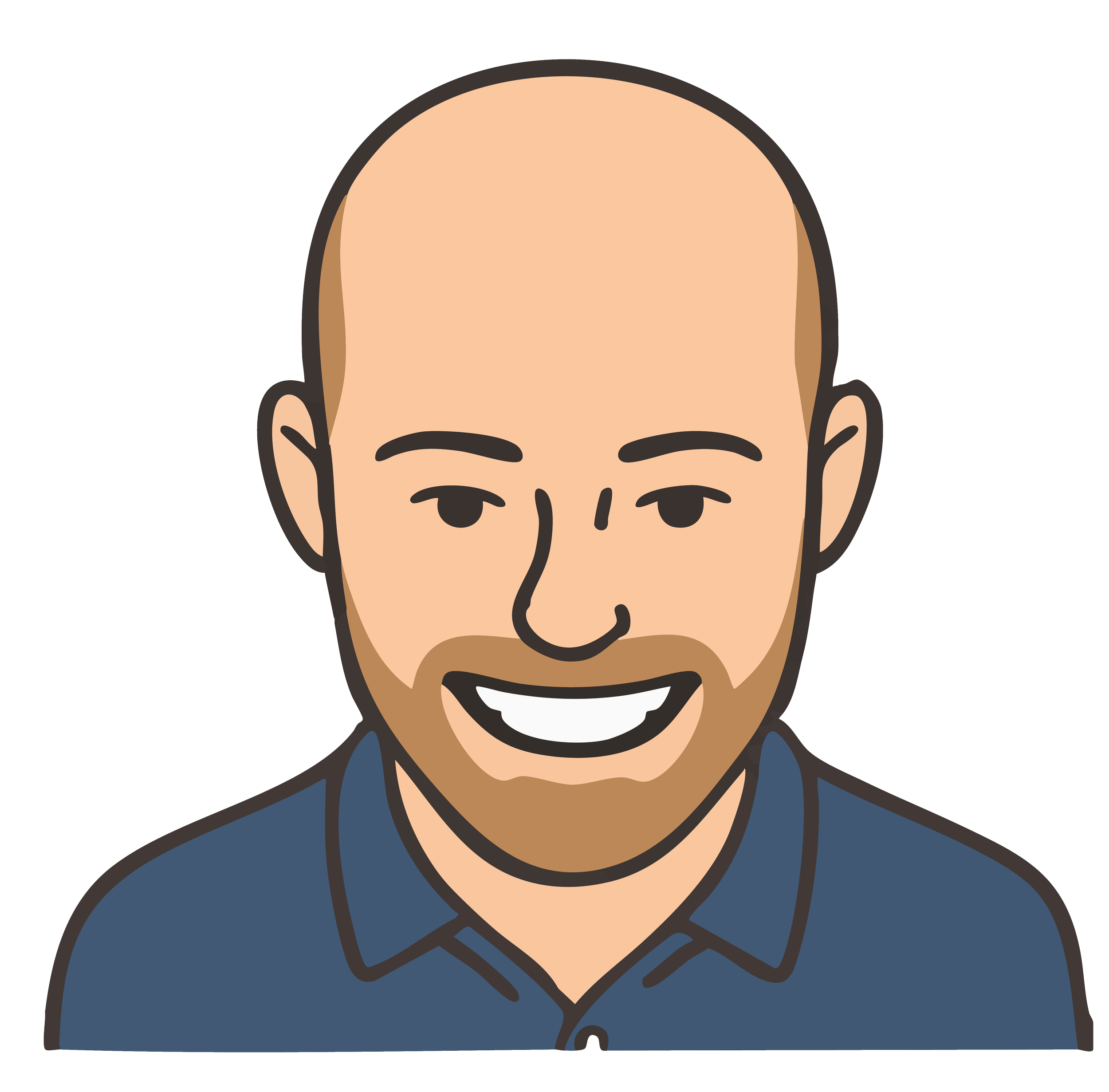 A cartoon illustration of a smiling man with glasses, short hair, and a beard, wearing a blue shirt.