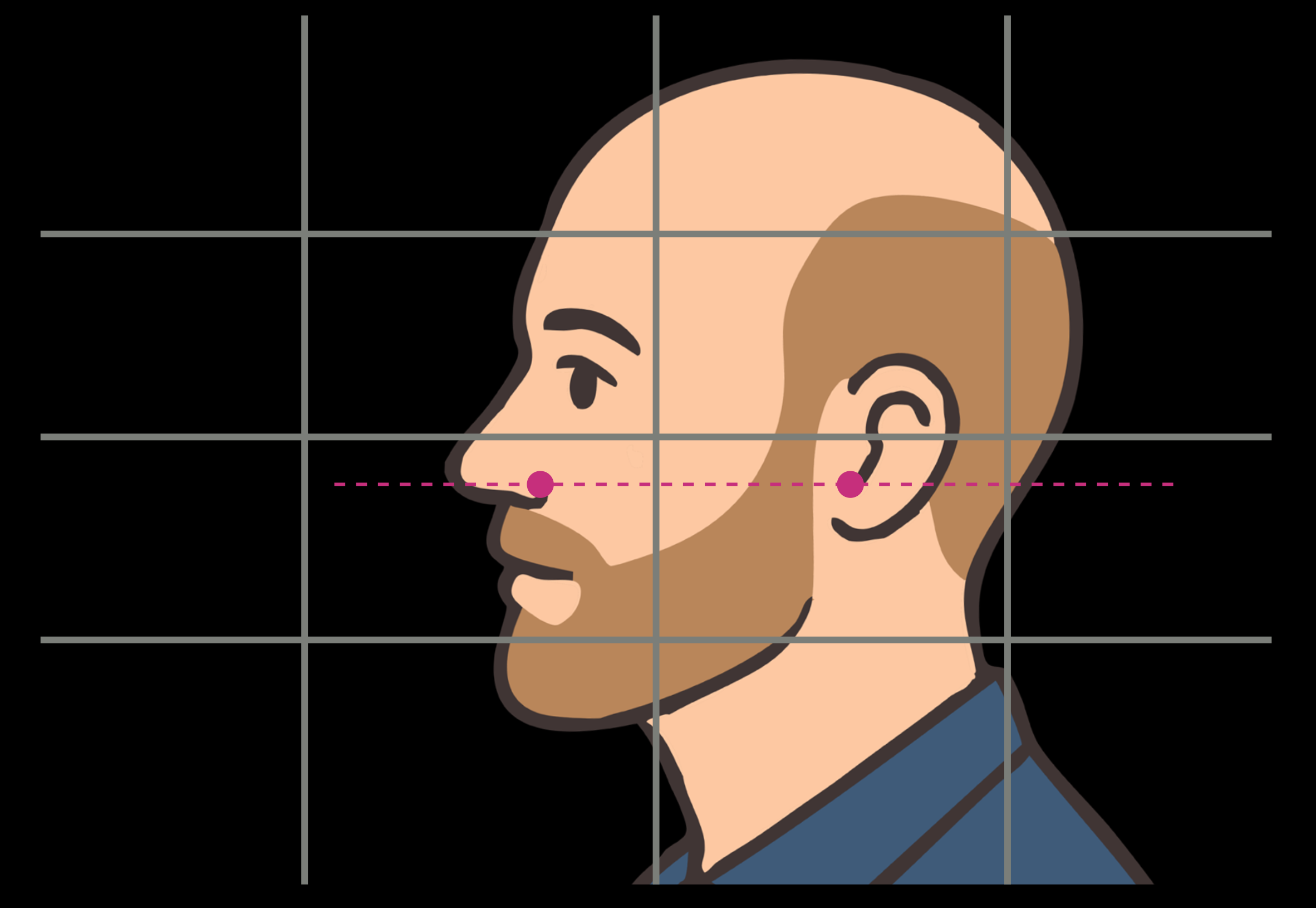 A digital illustration of a person's face in profile, with short hair and a beard, wearing a dark blue shirt, against a black background. The image is divided by grid lines.