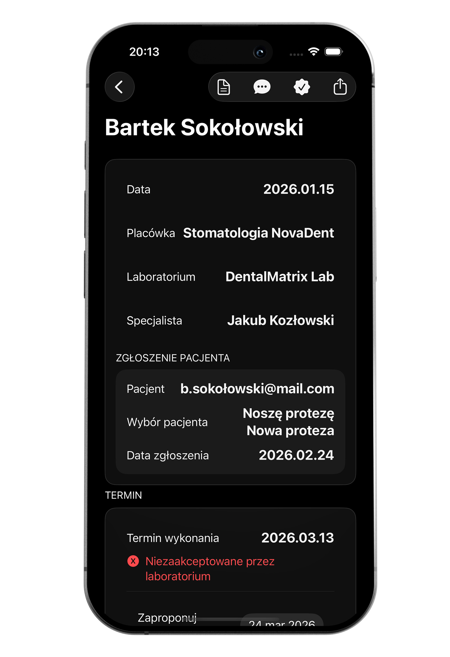 A mobile phone screen showing a medical patient record app with details such as patient name, appointment date, lab information, and an error message in red indicating the laboratory's rejection of the test.