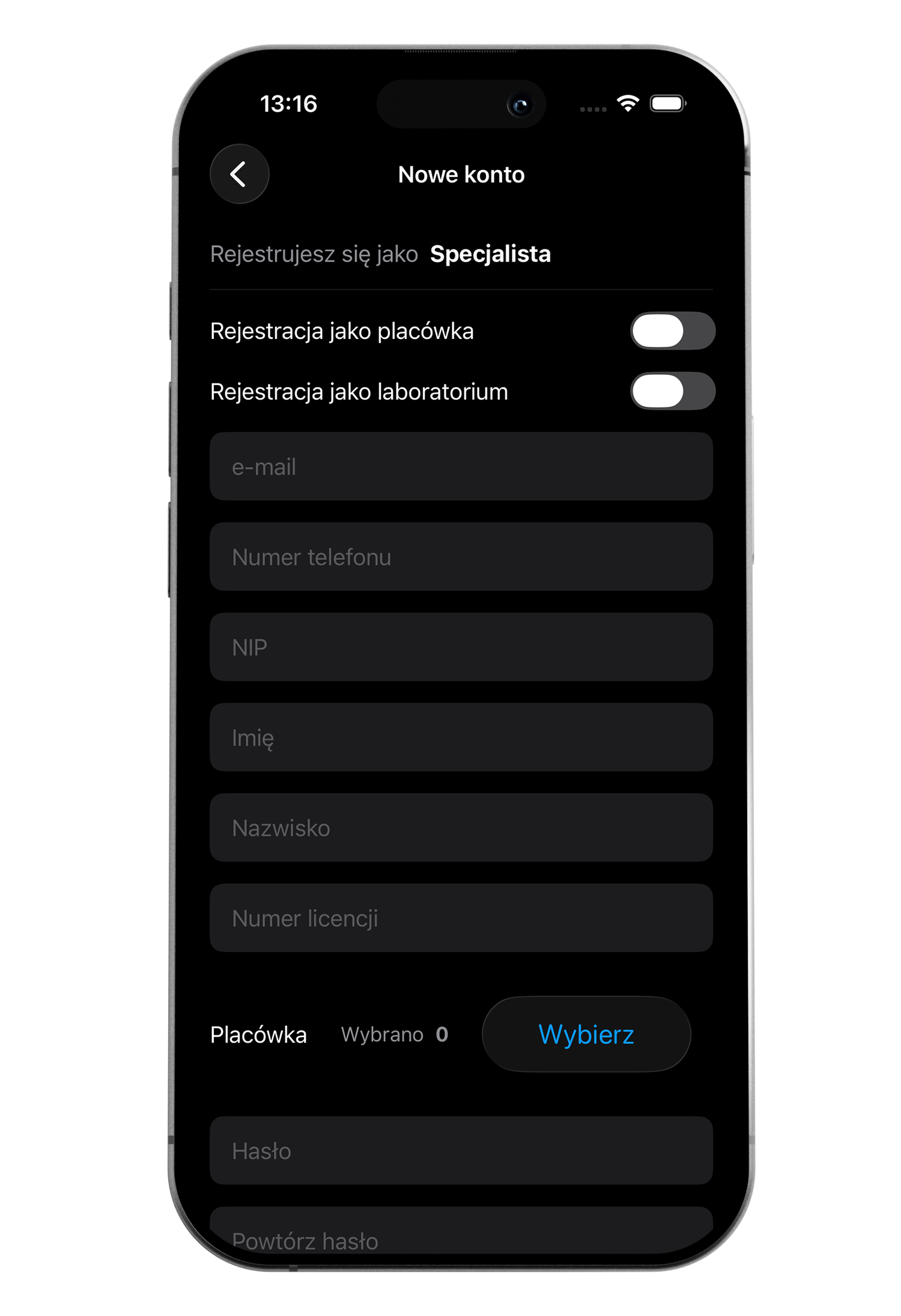 A smartphone screen showing a form to create a new account, with options to register as a specialist, facility, or laboratory, and fields for email, phone number, NIP, first name, last name, license number, password, and password confirmation.