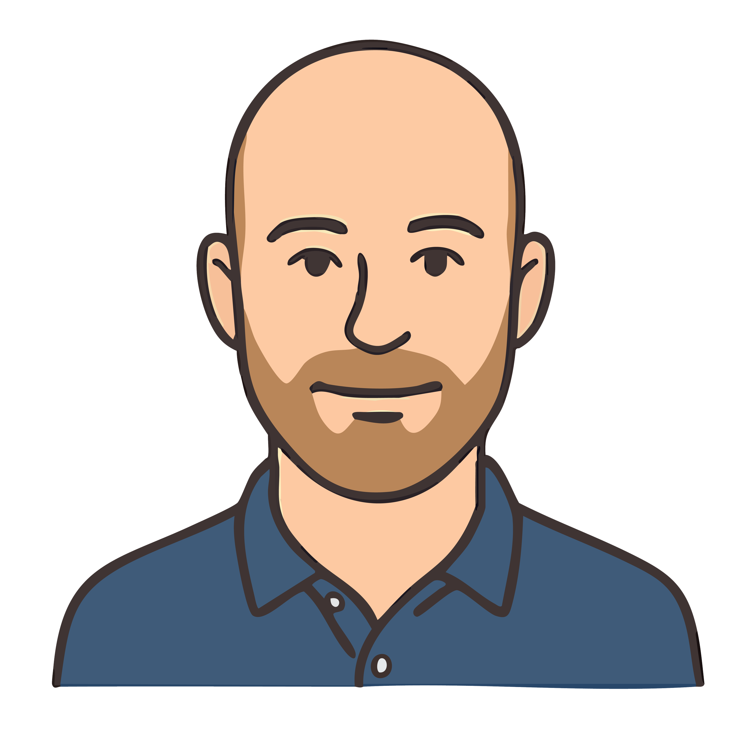 Cartoon of a man with a bald head and beard, wearing a dark blue shirt.