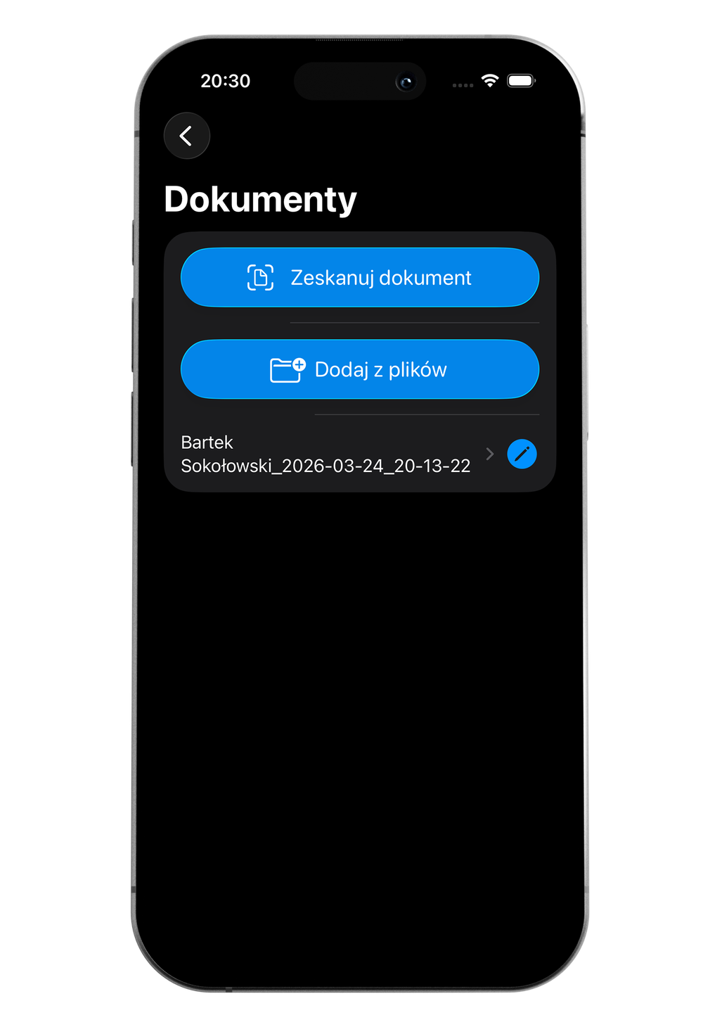 A smartphone screen displaying a document management app with options to scan or upload documents, section labeled 'Dokumenty', a file named 'Bartek Sokołowski 2026-03-24 20-13-22', and a pen icon.