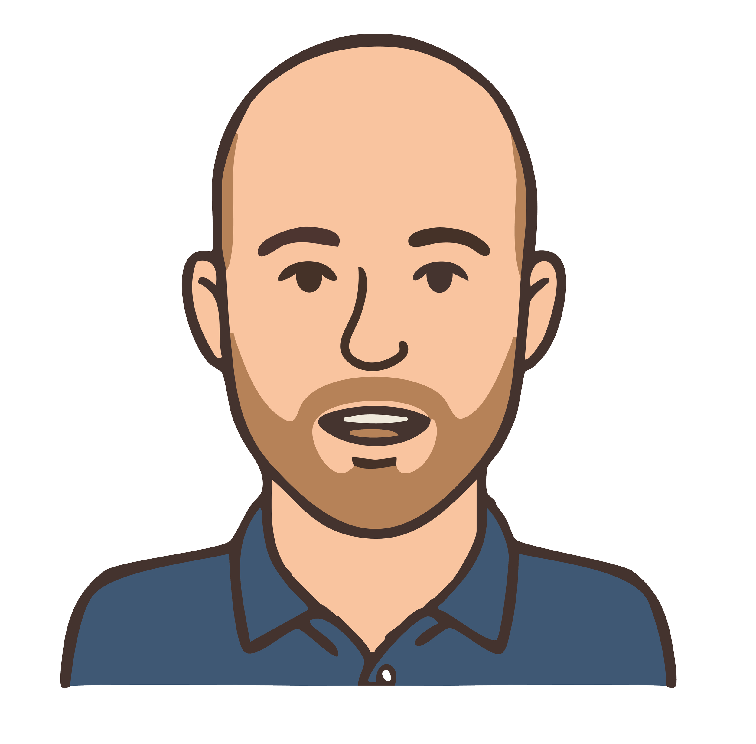Digital cartoon illustration of a man with tan skin, short dark hair, a goatee, wearing a dark blue collared shirt.