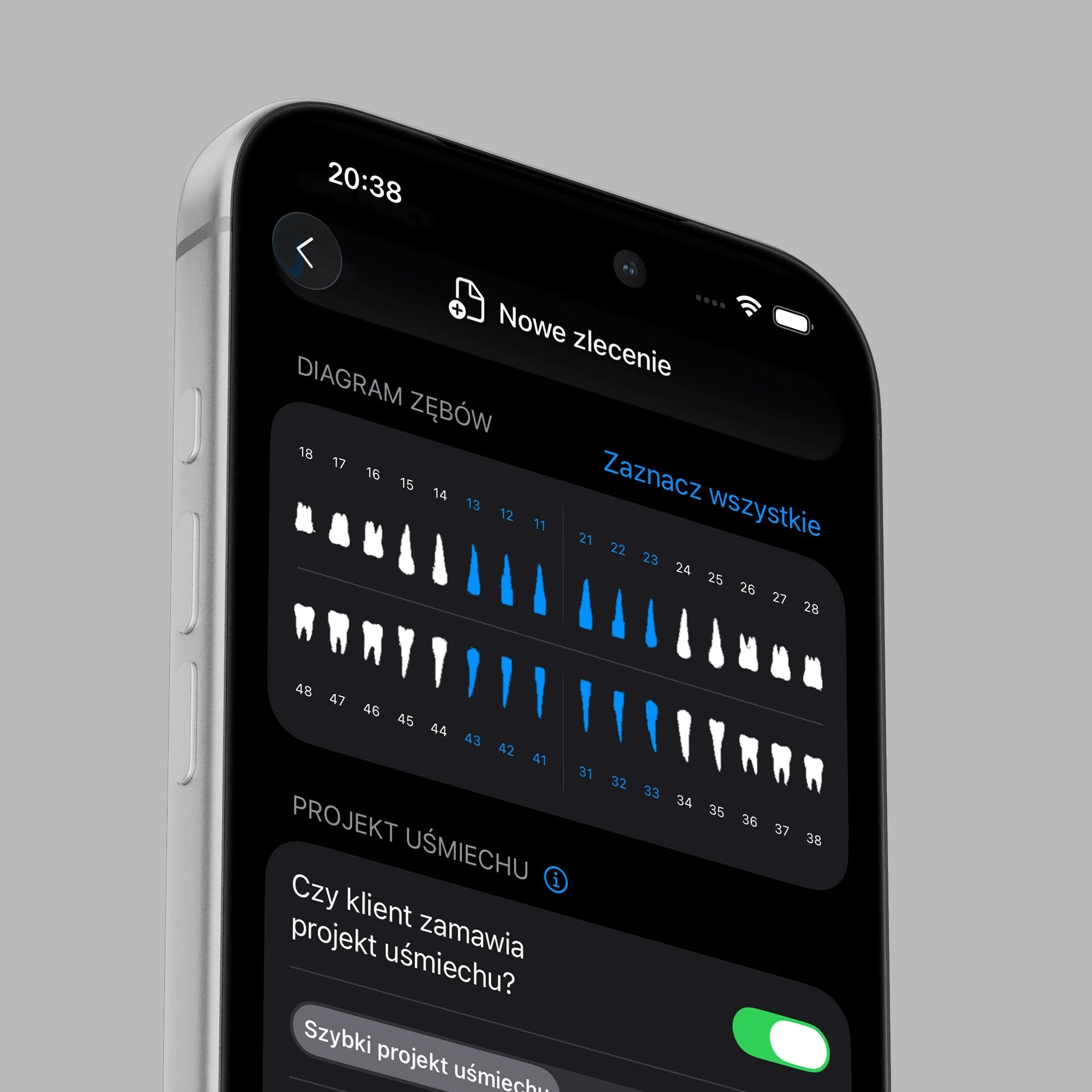 Close-up of a smartphone screen displaying a Polish language app with a graph, a toggle switch, and text related to a smile project.
