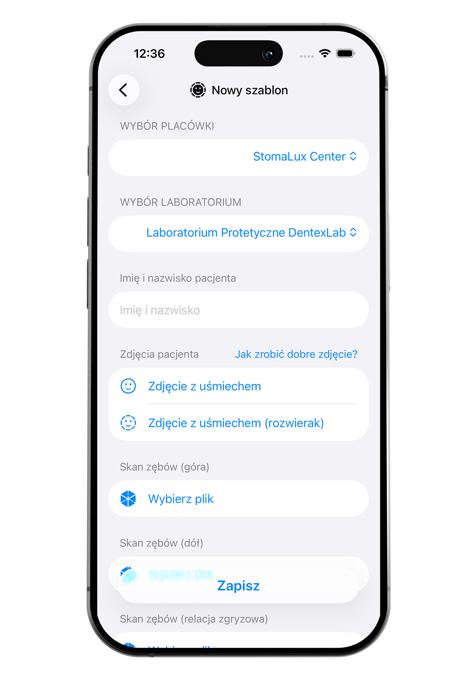 Mobile phone screen displaying an app in Polish for creating dental treatment templates, with options for selecting dental centers, laboratories, patient information, uploading dental x-rays, and saving the template.