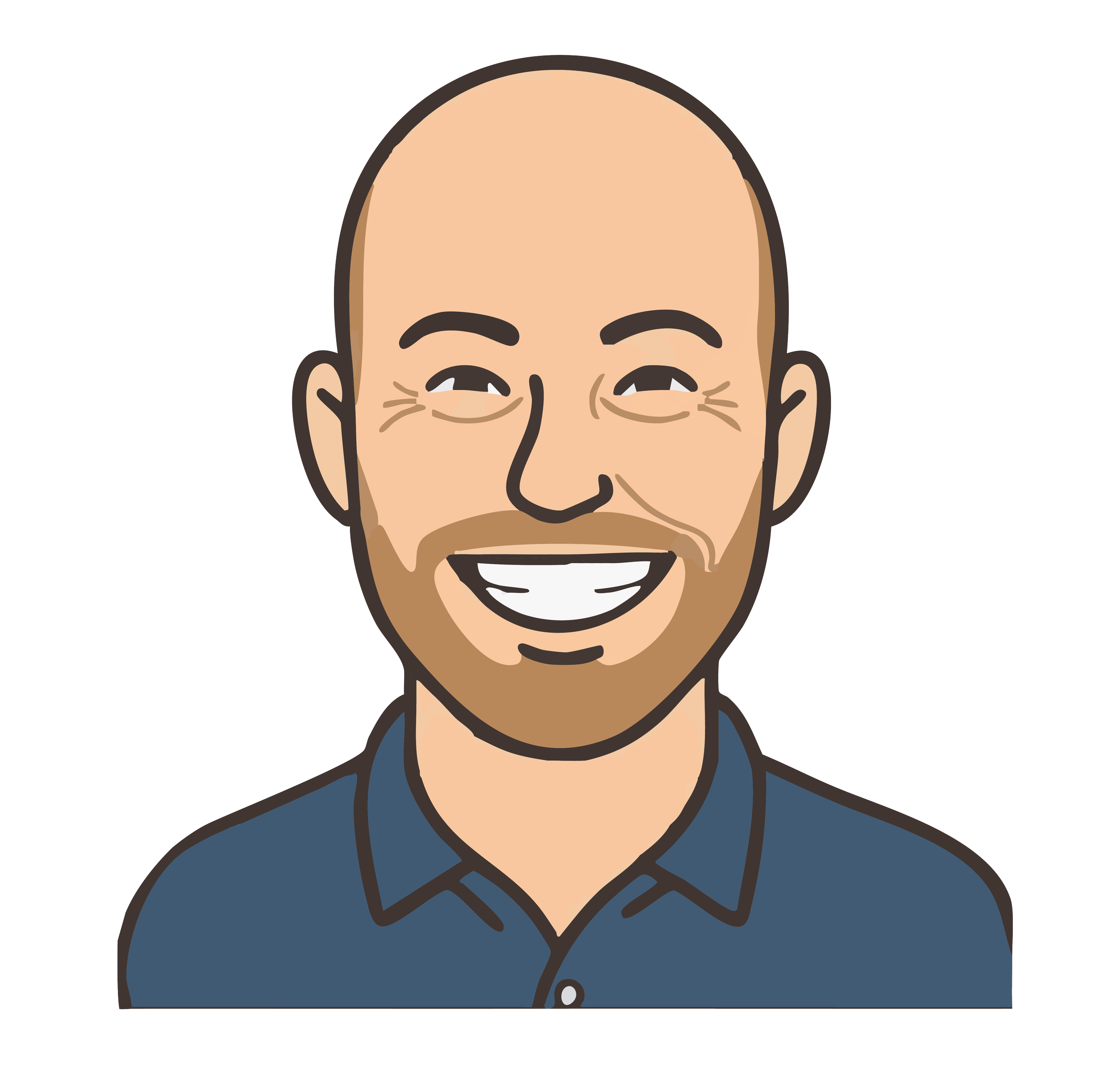 Cartoon image of a smiling man with a bald head, brown beard, and wearing a dark blue jacket.
