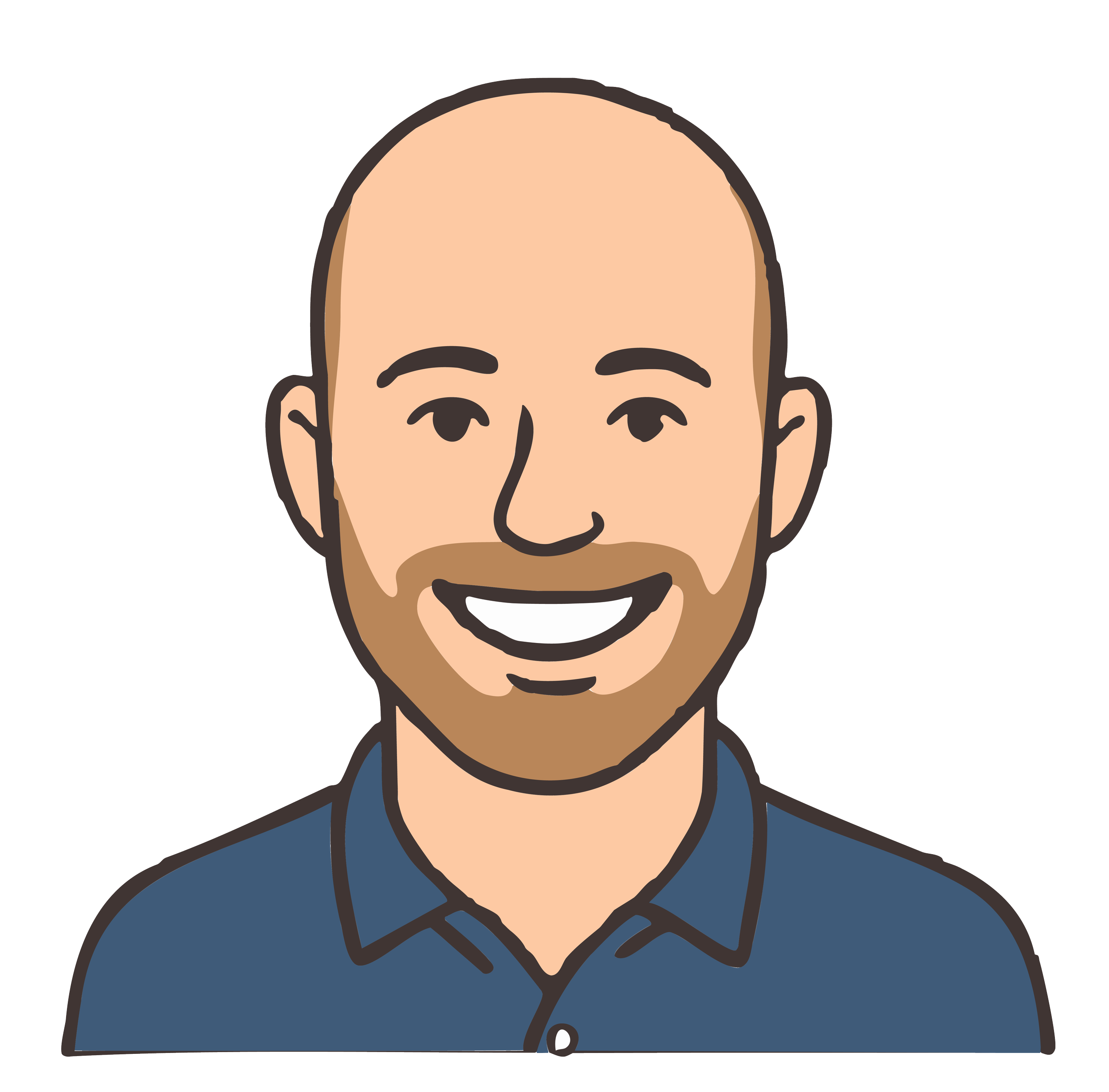 Cartoon image of a smiling man with bald head, beard, and mustache, wearing a dark blue jacket and gray shirt.