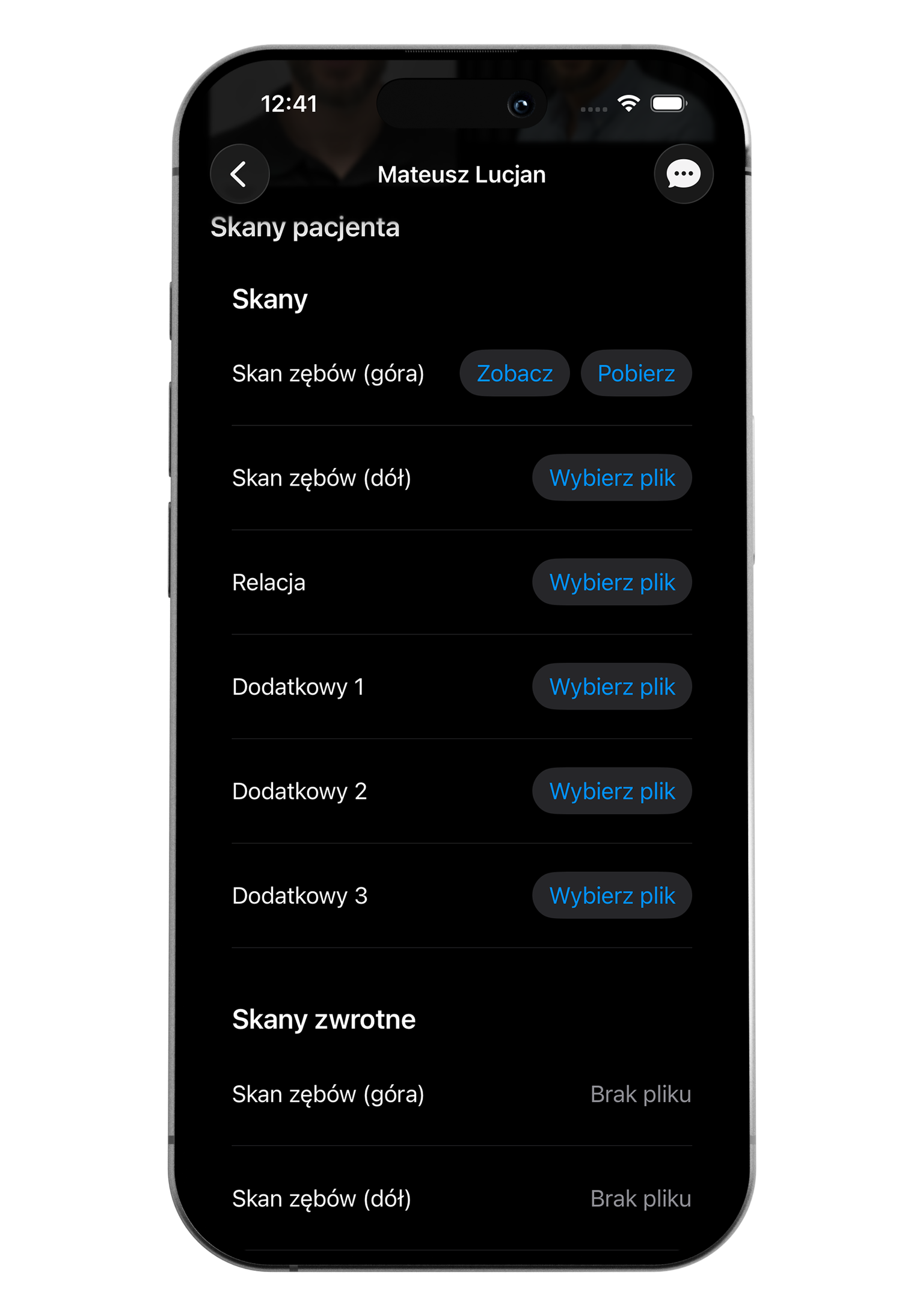 A smartphone screen showing a medical app interface in Polish with options for uploading or viewing dental X-ray scans of a patient named Mateusz Lucjan.