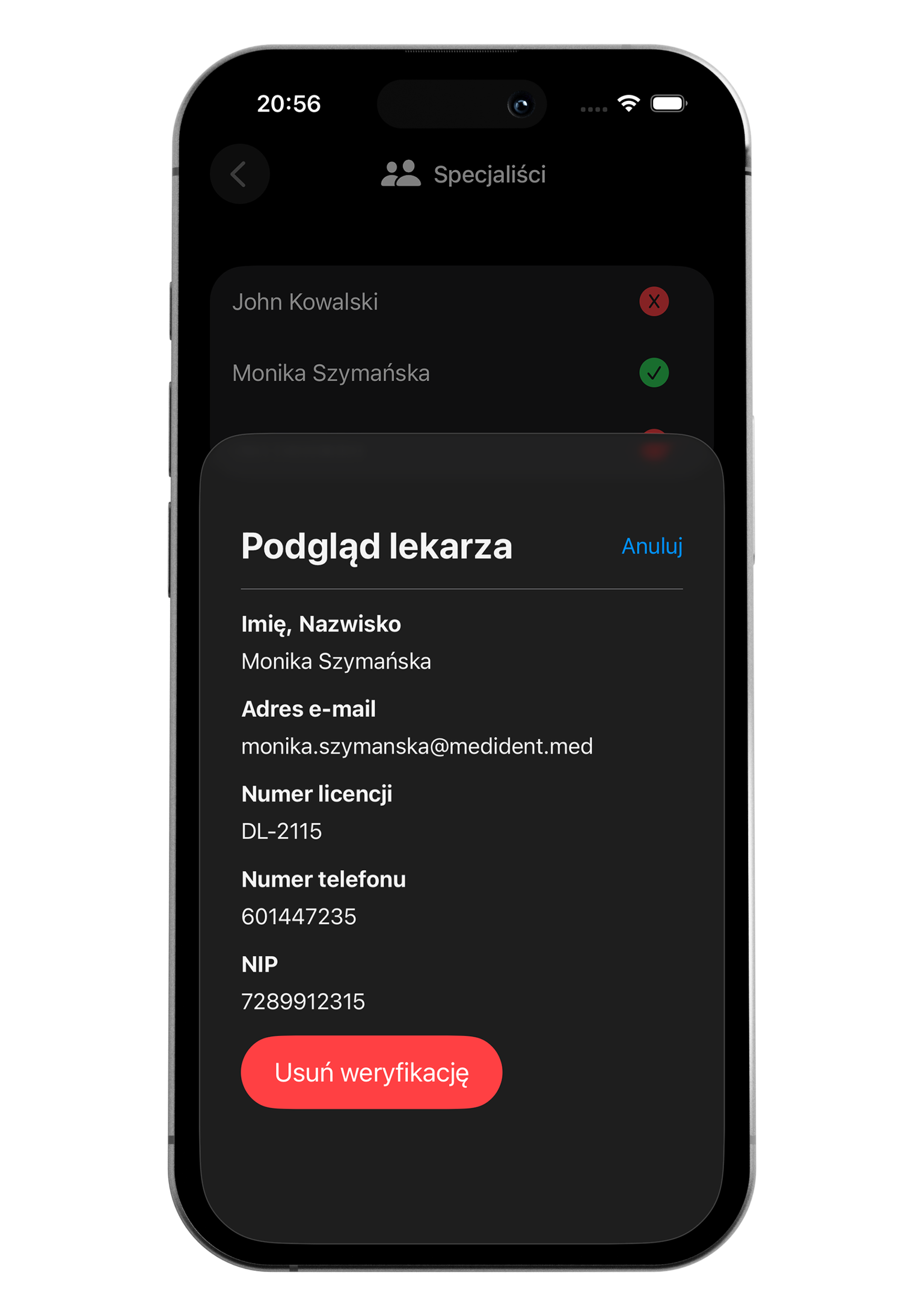 Close-up of a smartphone screen showing a medical review app in Polish, with contact details, license number, and a red button labeled 'Usuń weryfikację'.